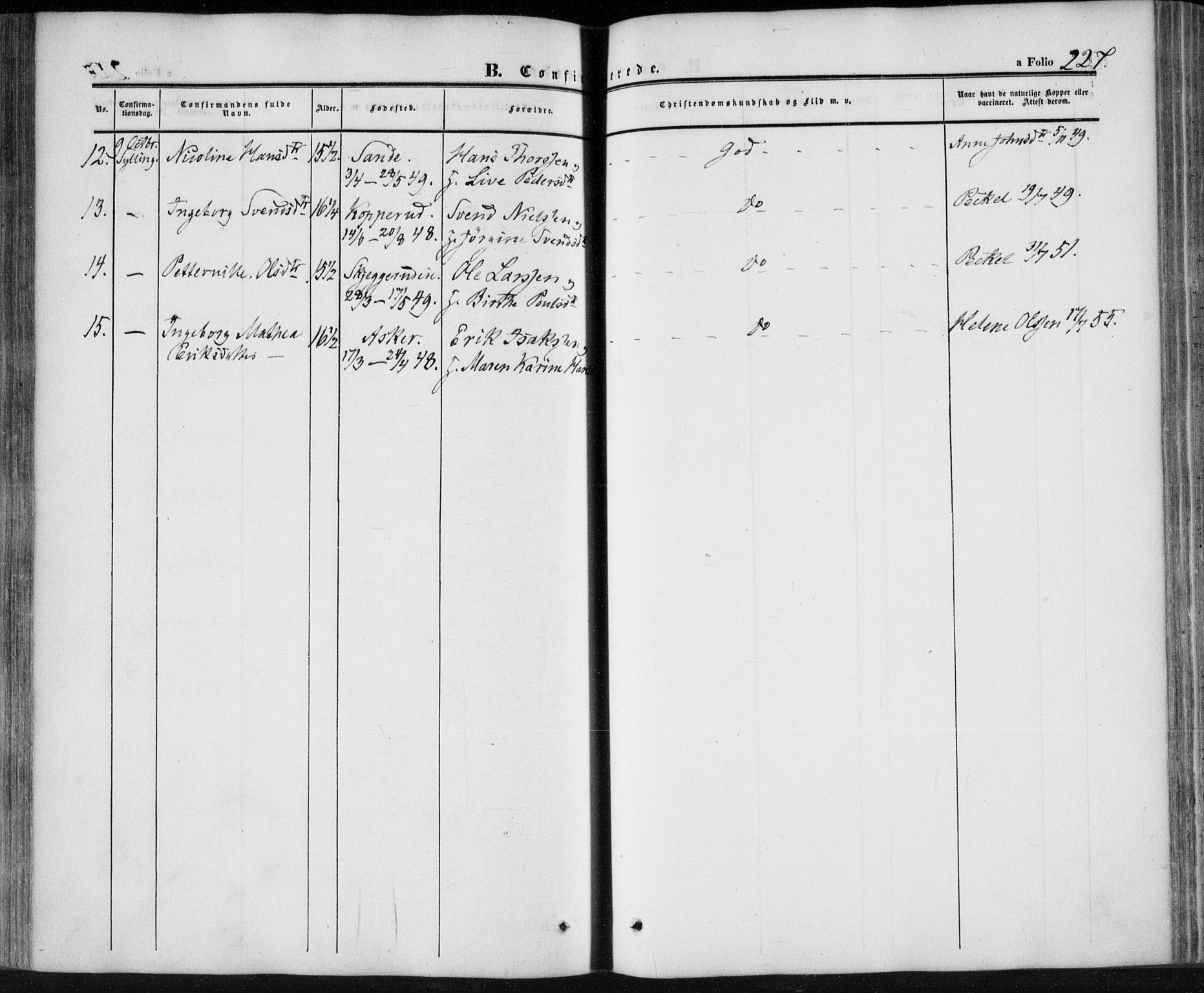 Lier kirkebøker, AV/SAKO-A-230/F/Fa/L0012: Parish register (official) no. I 12, 1854-1864, p. 227