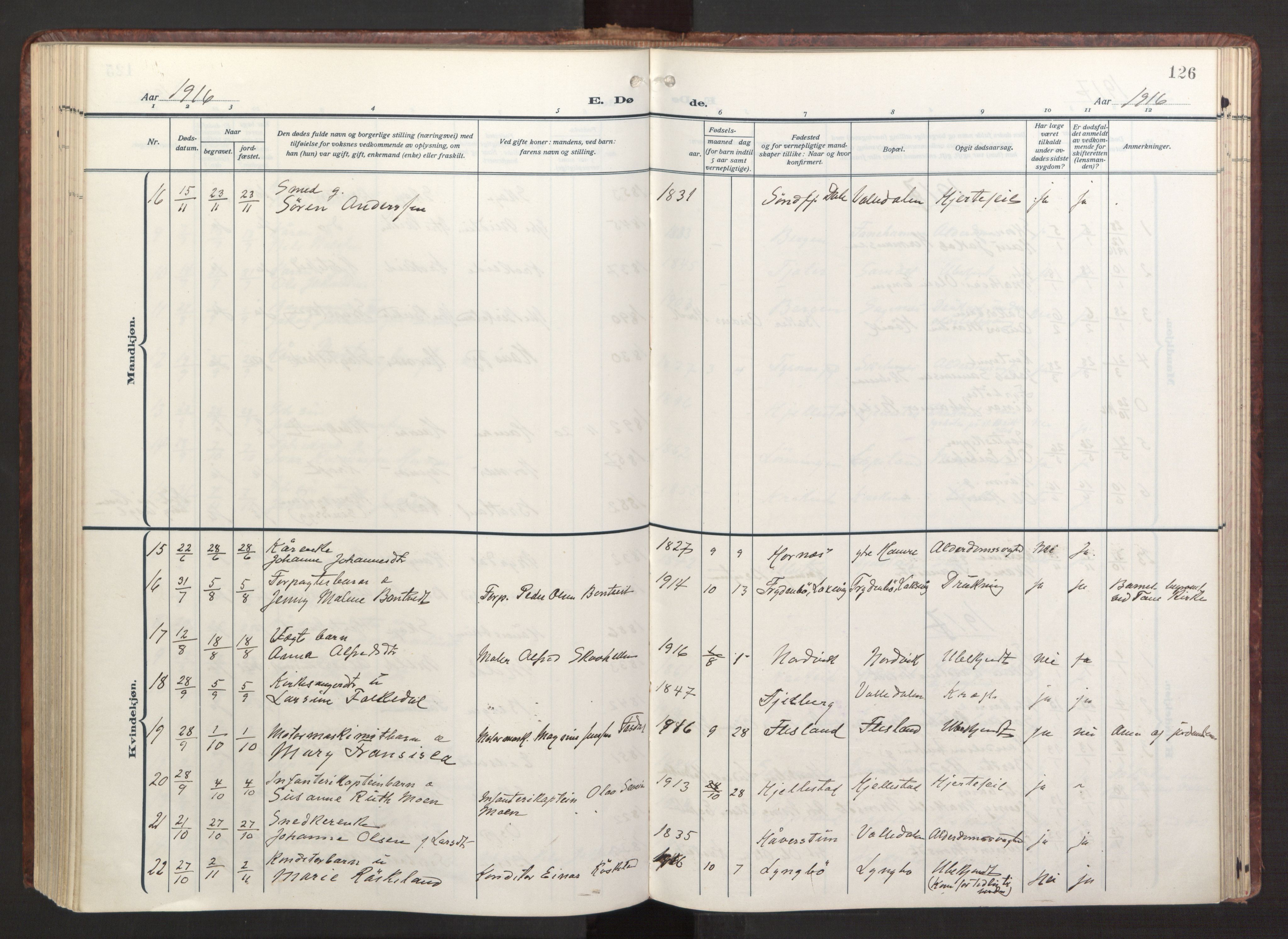 Fana Sokneprestembete, SAB/A-75101/H/Haa/Haab/L0005: Parish register (official) no. B 5, 1915-1923, p. 126