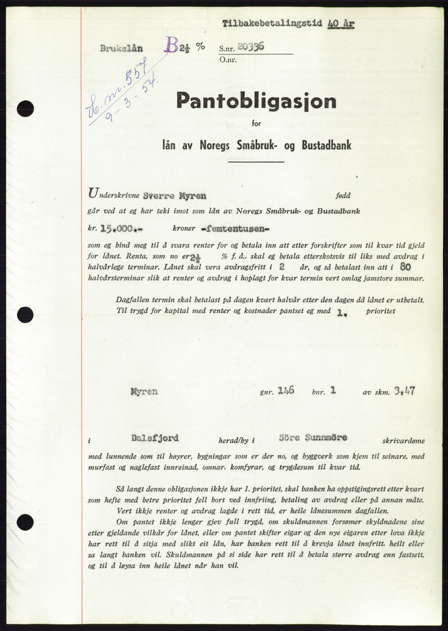 Søre Sunnmøre sorenskriveri, AV/SAT-A-4122/1/2/2C/L0124: Mortgage book no. 12B, 1953-1954, Diary no: : 557/1954