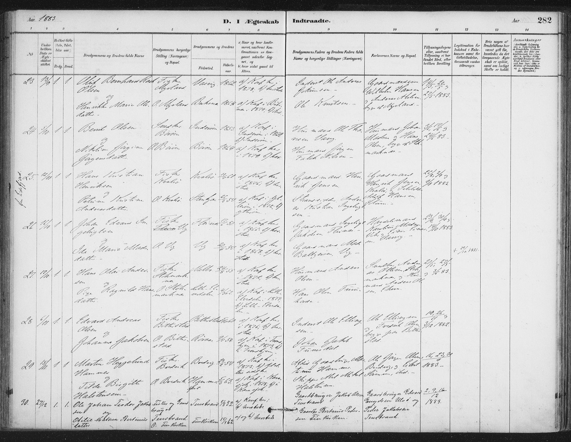 Ministerialprotokoller, klokkerbøker og fødselsregistre - Nordland, AV/SAT-A-1459/888/L1244: Parish register (official) no. 888A10, 1880-1890, p. 282