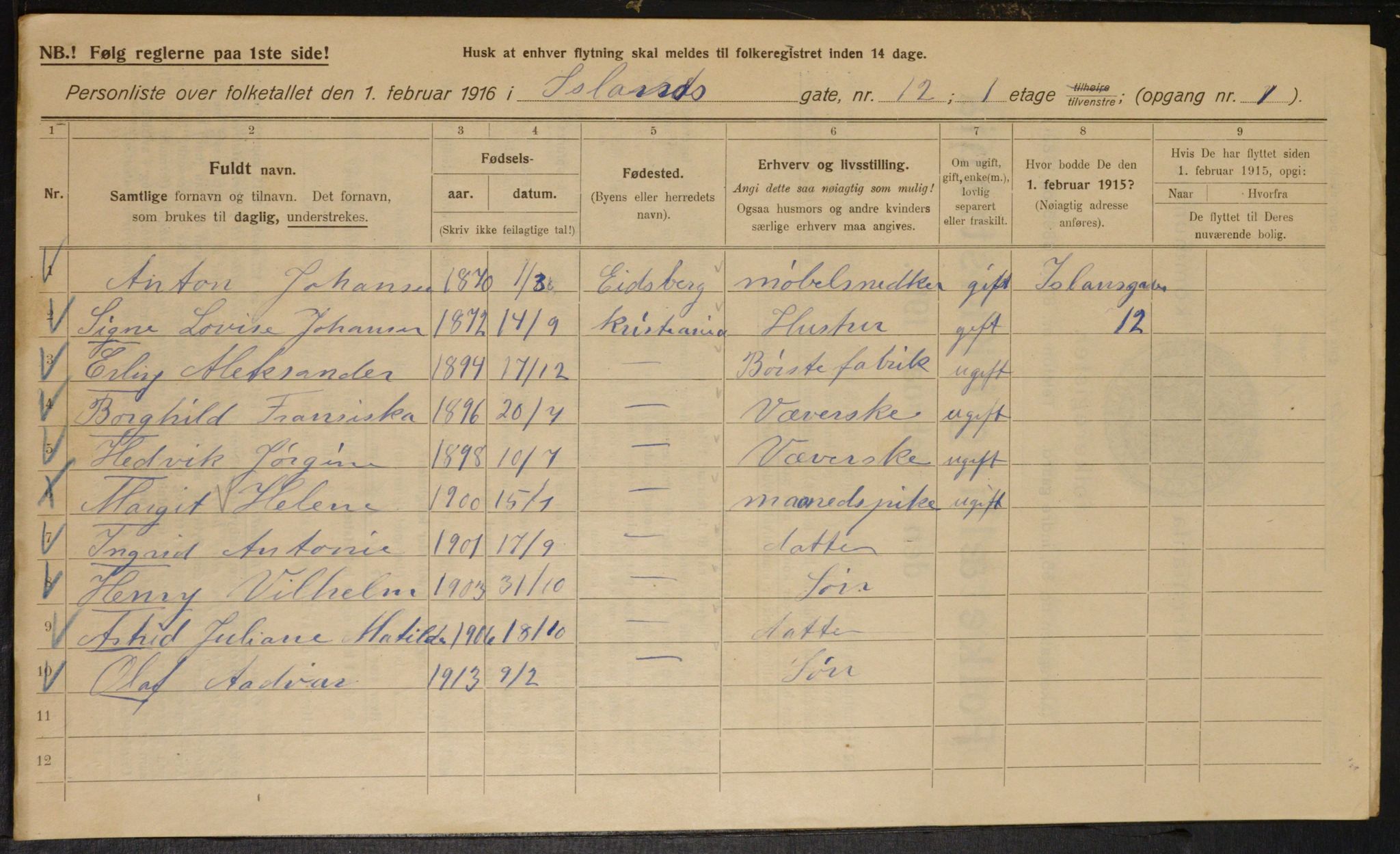 OBA, Municipal Census 1916 for Kristiania, 1916, p. 45659