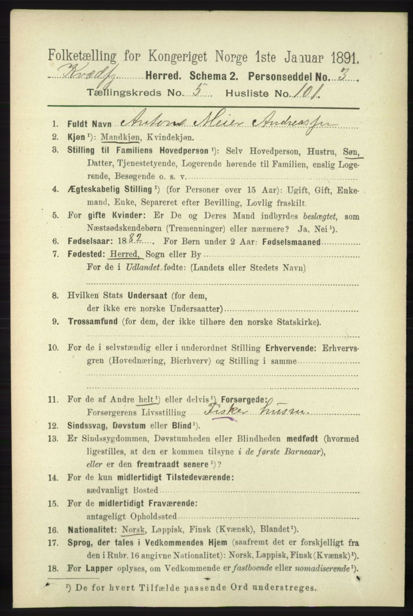 RA, 1891 census for 1911 Kvæfjord, 1891, p. 3476