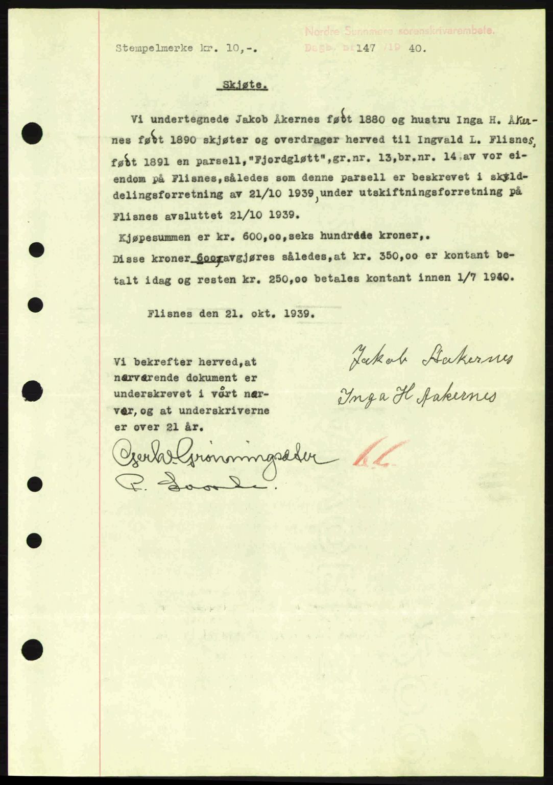 Nordre Sunnmøre sorenskriveri, AV/SAT-A-0006/1/2/2C/2Ca: Mortgage book no. A8, 1939-1940, Diary no: : 147/1940