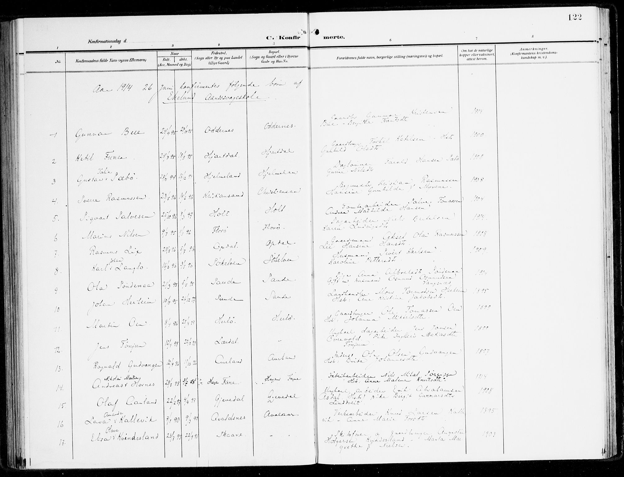 Fana Sokneprestembete, SAB/A-75101/H/Haa/Haai/L0004: Parish register (official) no. I 4, 1912-1933, p. 122