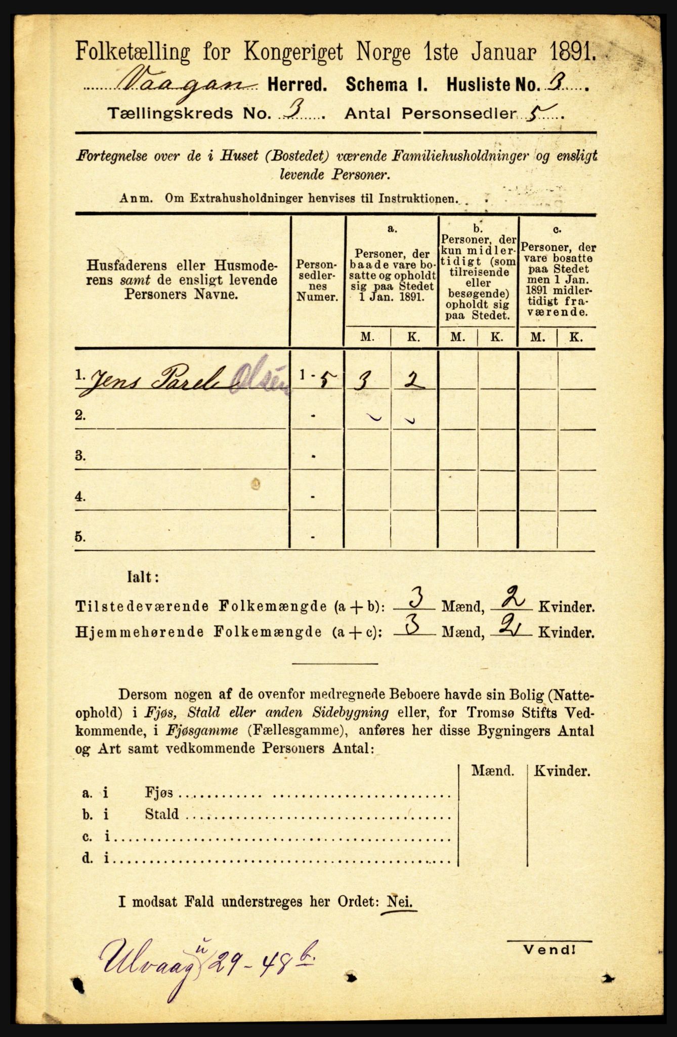 RA, 1891 census for 1865 Vågan, 1891, p. 663