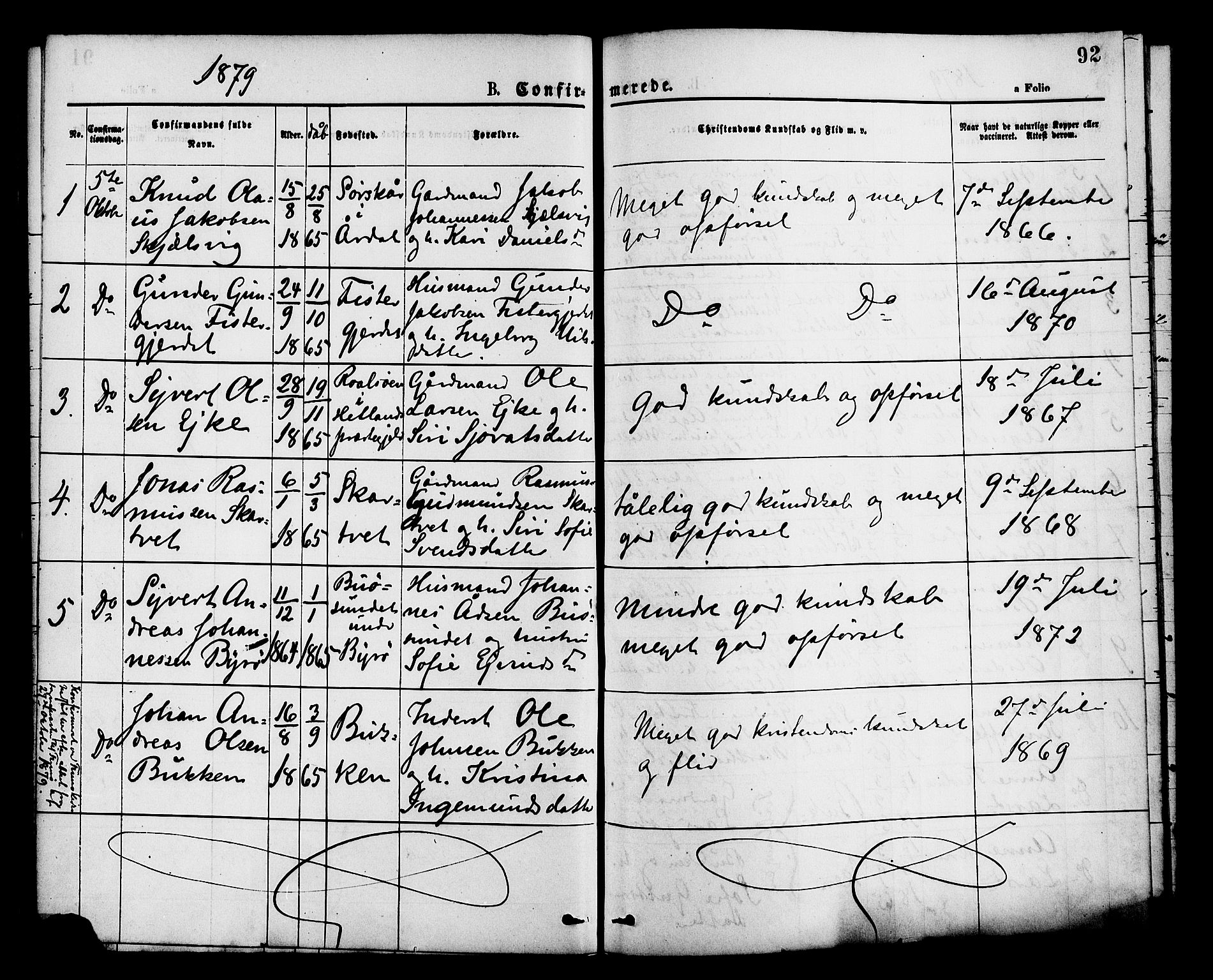 Hjelmeland sokneprestkontor, AV/SAST-A-101843/01/IV/L0013: Parish register (official) no. A 13, 1872-1886, p. 92