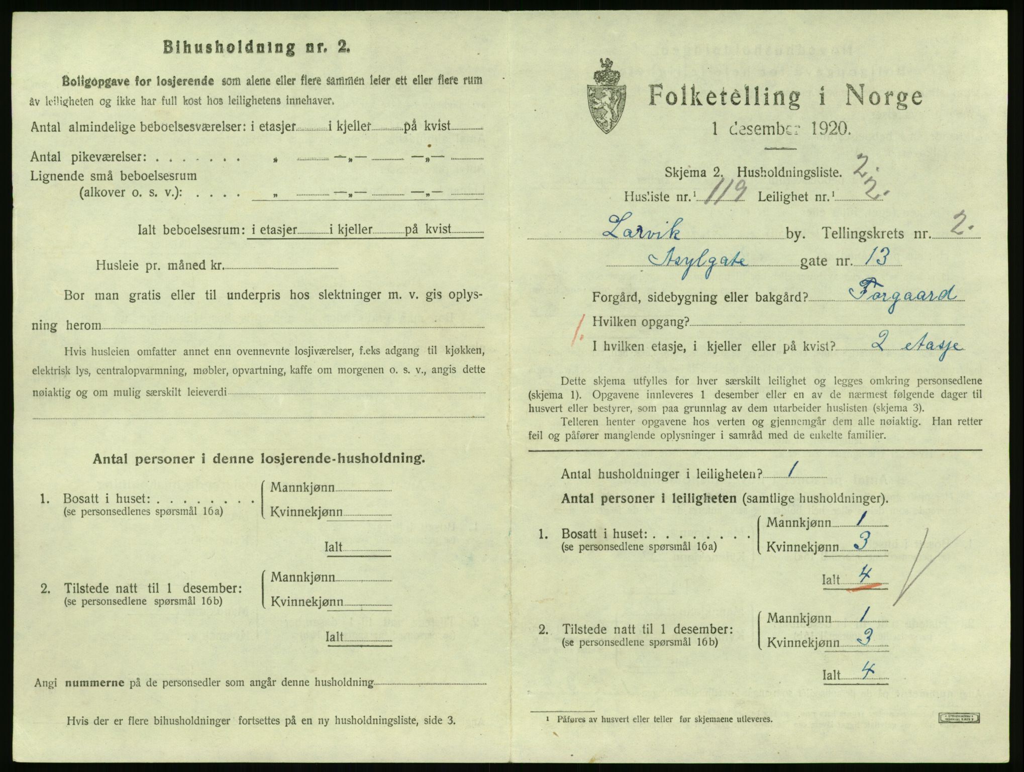 SAKO, 1920 census for Larvik, 1920, p. 3830