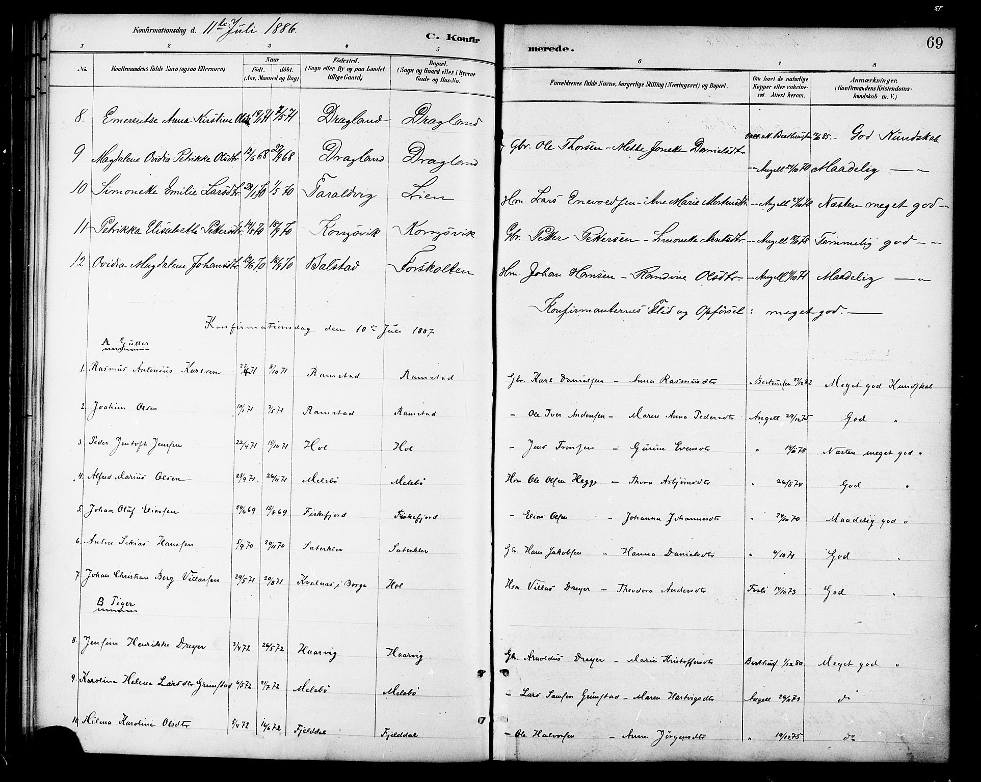 Ministerialprotokoller, klokkerbøker og fødselsregistre - Nordland, SAT/A-1459/865/L0924: Parish register (official) no. 865A02, 1885-1896, p. 69