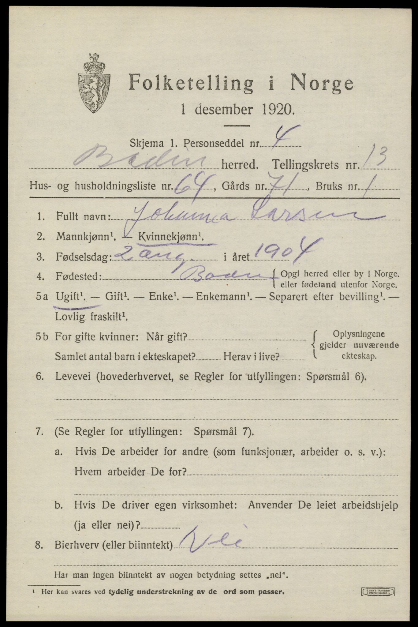 SAT, 1920 census for Bodin, 1920, p. 10114