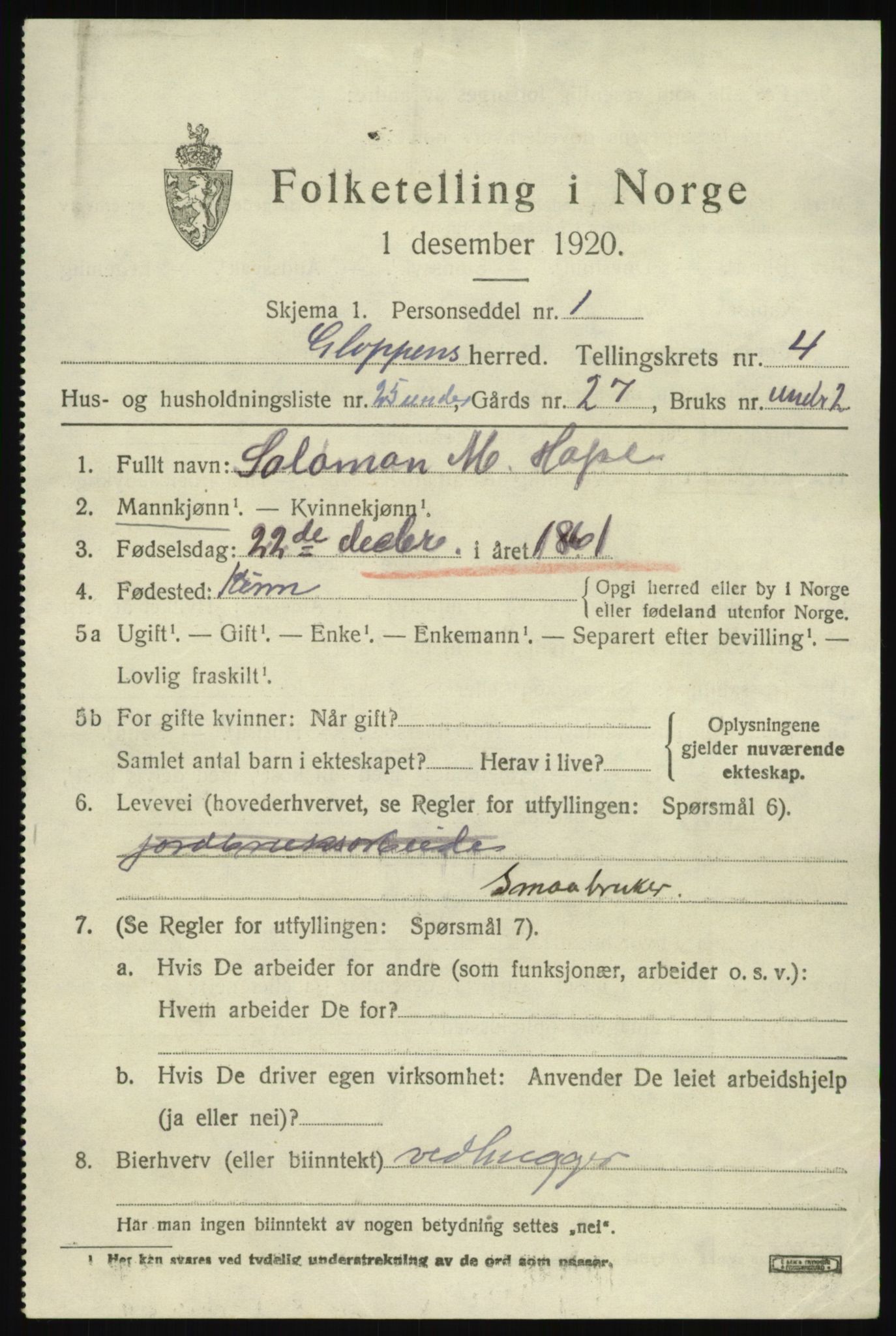 SAB, 1920 census for Gloppen, 1920, p. 3138