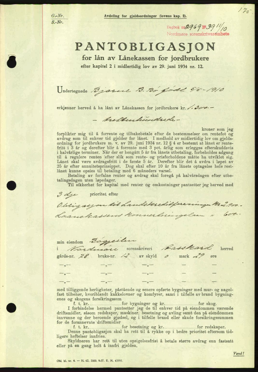 Nordmøre sorenskriveri, AV/SAT-A-4132/1/2/2Ca: Mortgage book no. B86, 1939-1940, Diary no: : 2969/1939