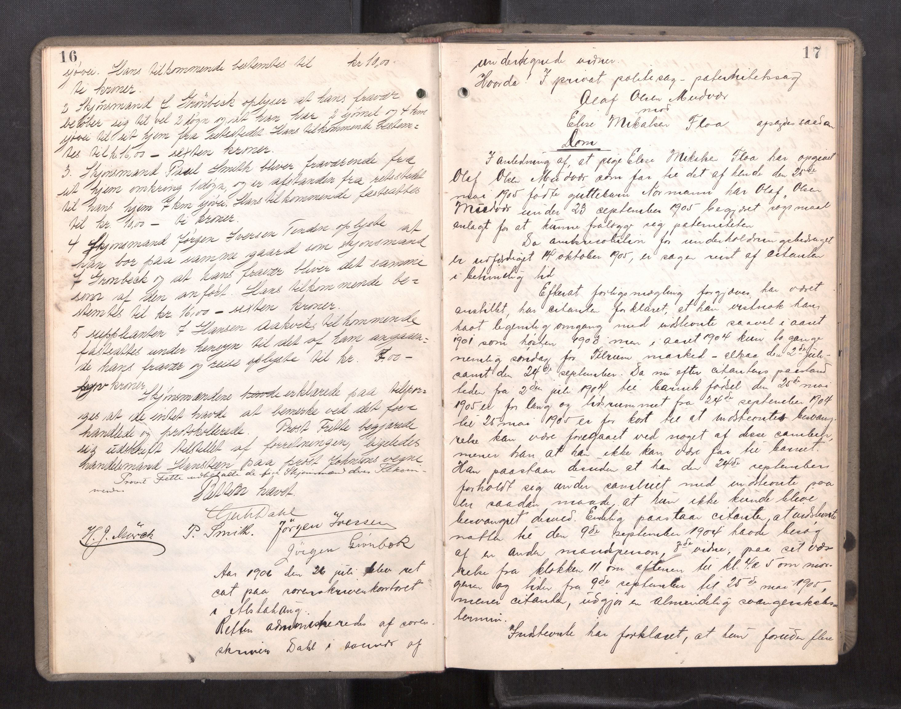 Søndre Helgeland sorenskriveri, AV/SAT-A-4575/1/1/1B/1Bb/L0003: Ekstrarettsprotokoll, 1906-1908, p. 16-17