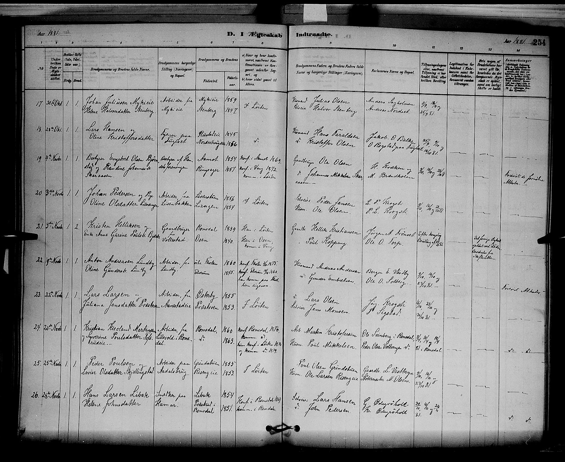 Løten prestekontor, SAH/PREST-022/L/La/L0005: Parish register (copy) no. 5, 1878-1891, p. 254