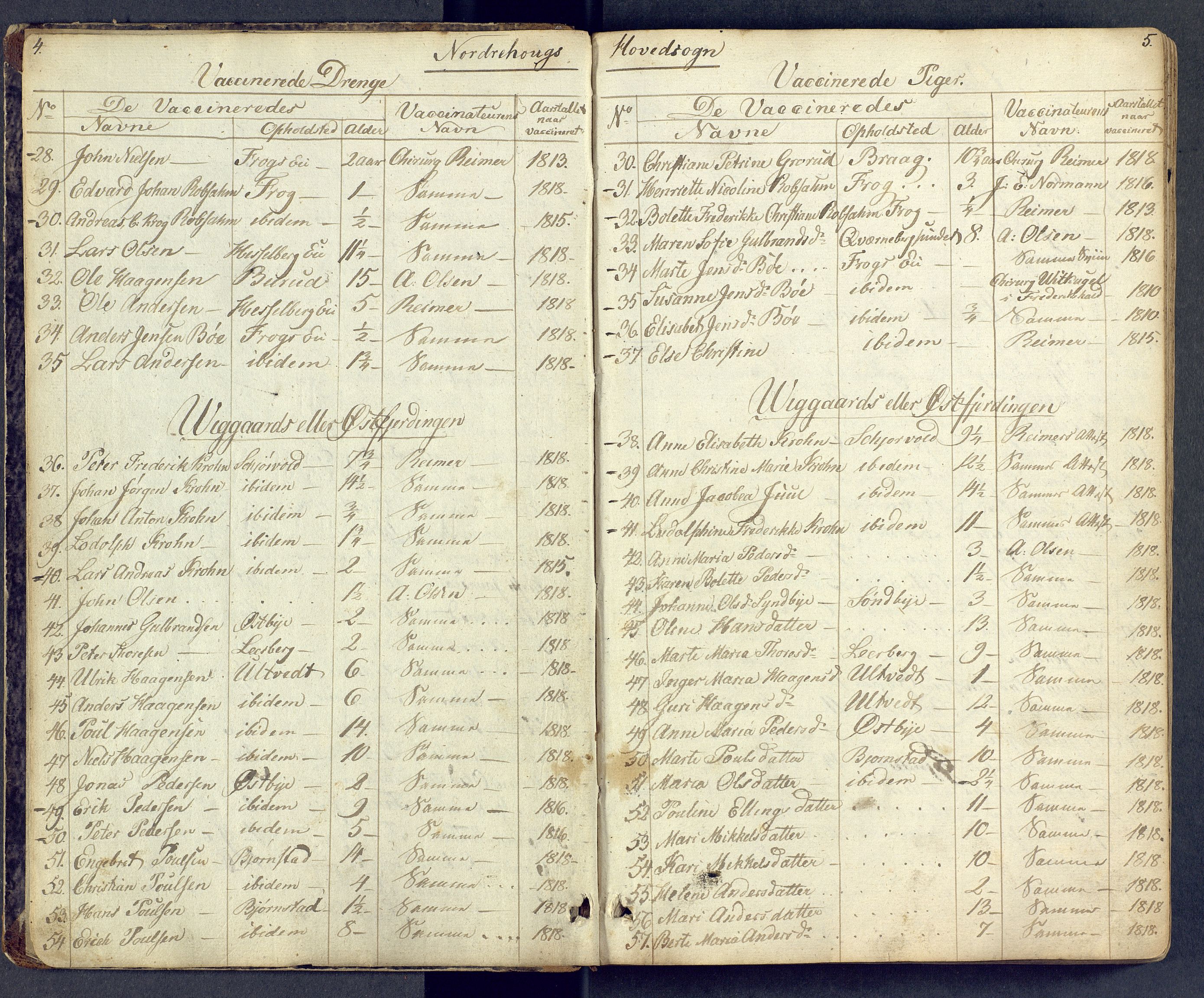 Norderhov kirkebøker, AV/SAKO-A-237/F/Fa/L0014: Vaccination register no. 14, 1818-1853, p. 4-5