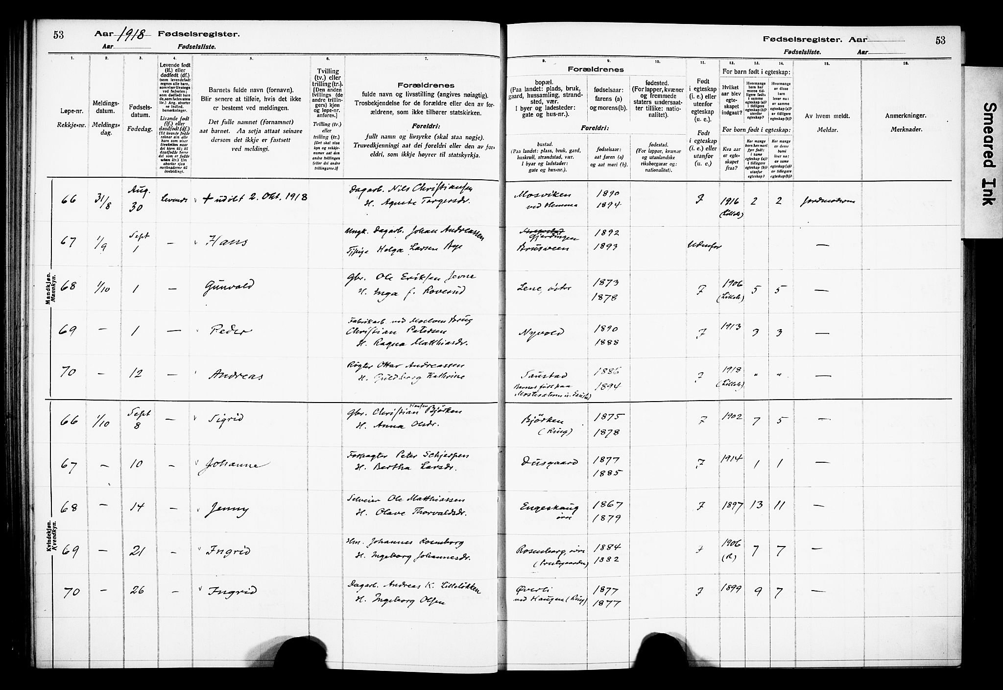 Ringsaker prestekontor, AV/SAH-PREST-014/O/Oa/L0001: Birth register no. 1, 1916-1925, p. 53