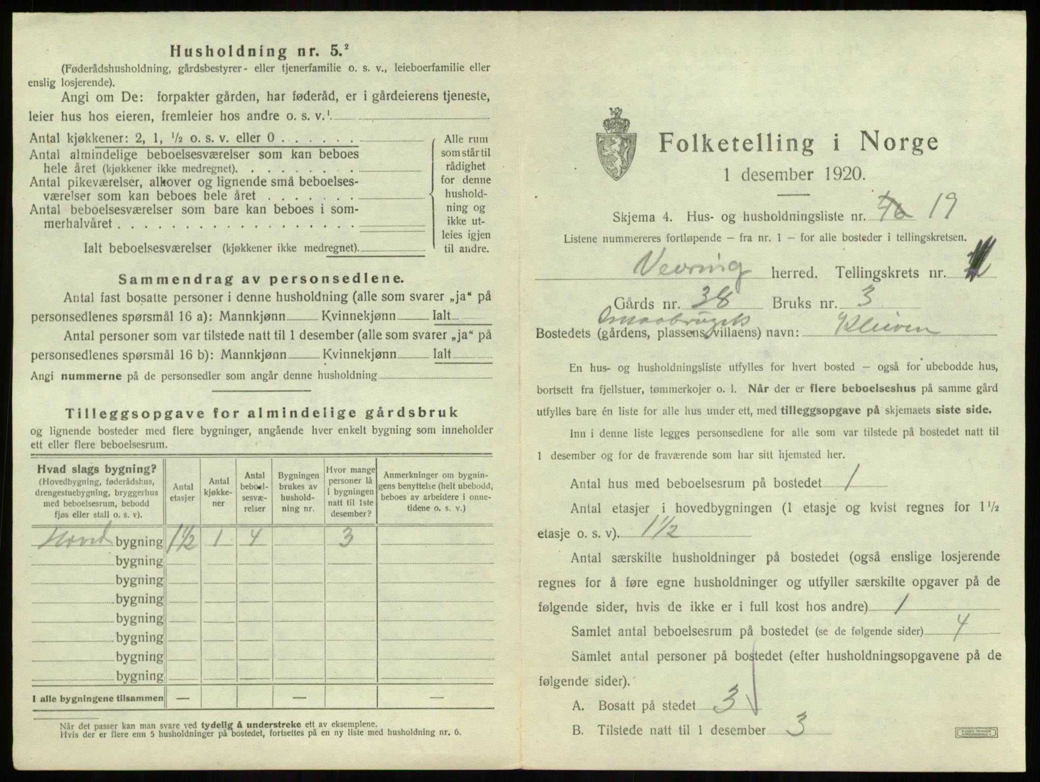 SAB, 1920 census for Vevring, 1920, p. 61