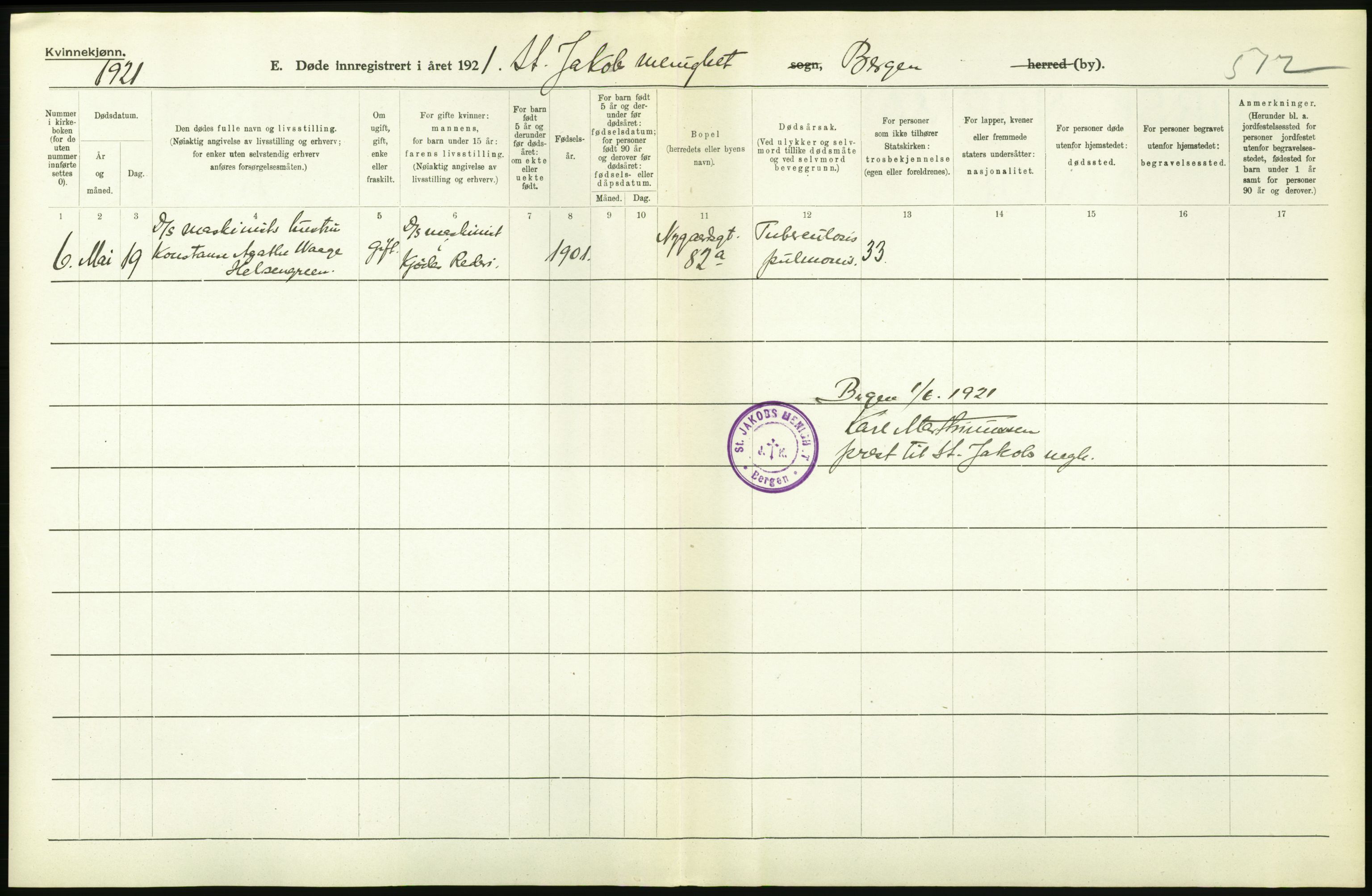 Statistisk sentralbyrå, Sosiodemografiske emner, Befolkning, AV/RA-S-2228/D/Df/Dfc/Dfca/L0036: Bergen: Døde., 1921, p. 410