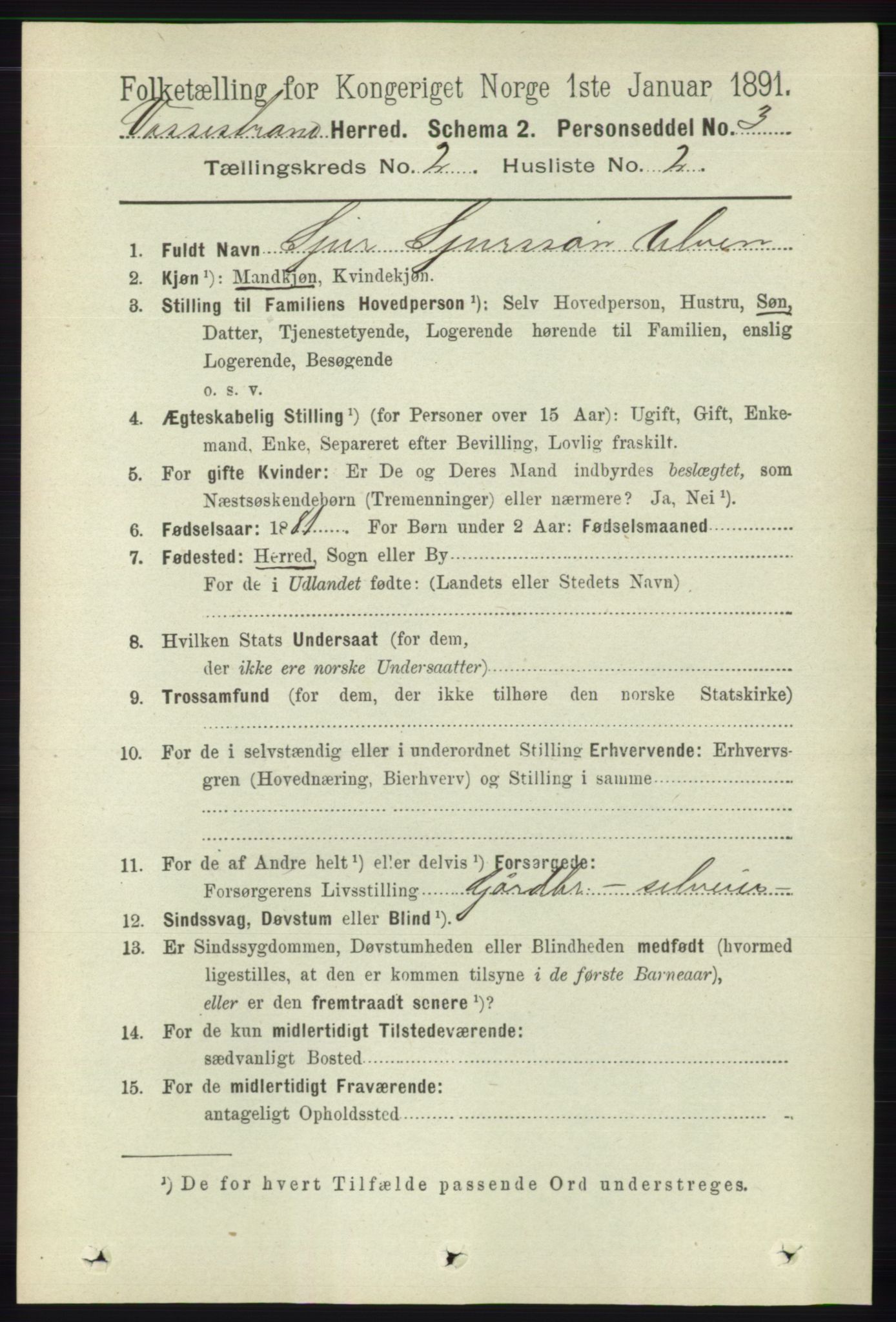 RA, 1891 census for 1236 Vossestrand, 1891, p. 727