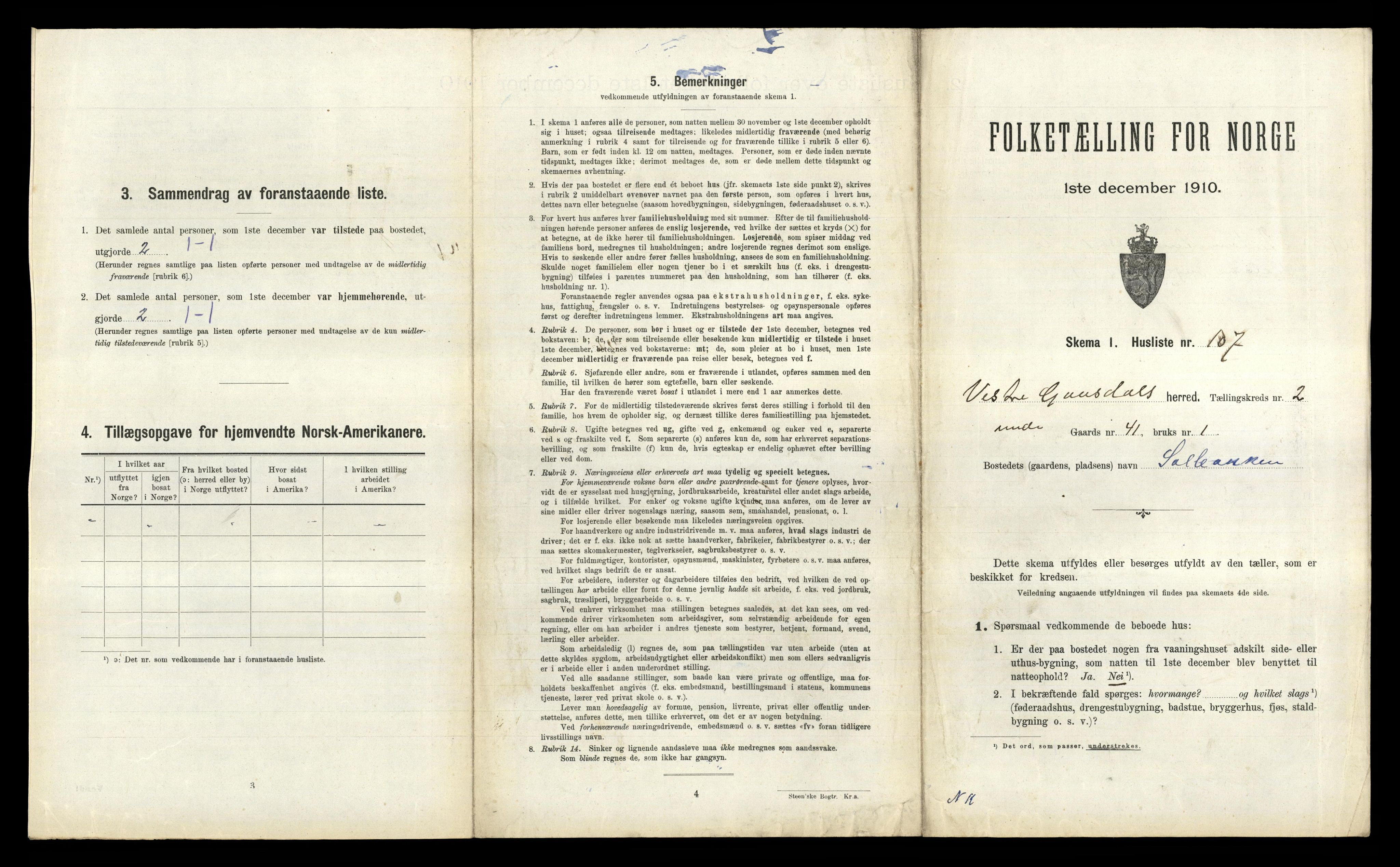 RA, 1910 census for Vestre Gausdal, 1910, p. 409