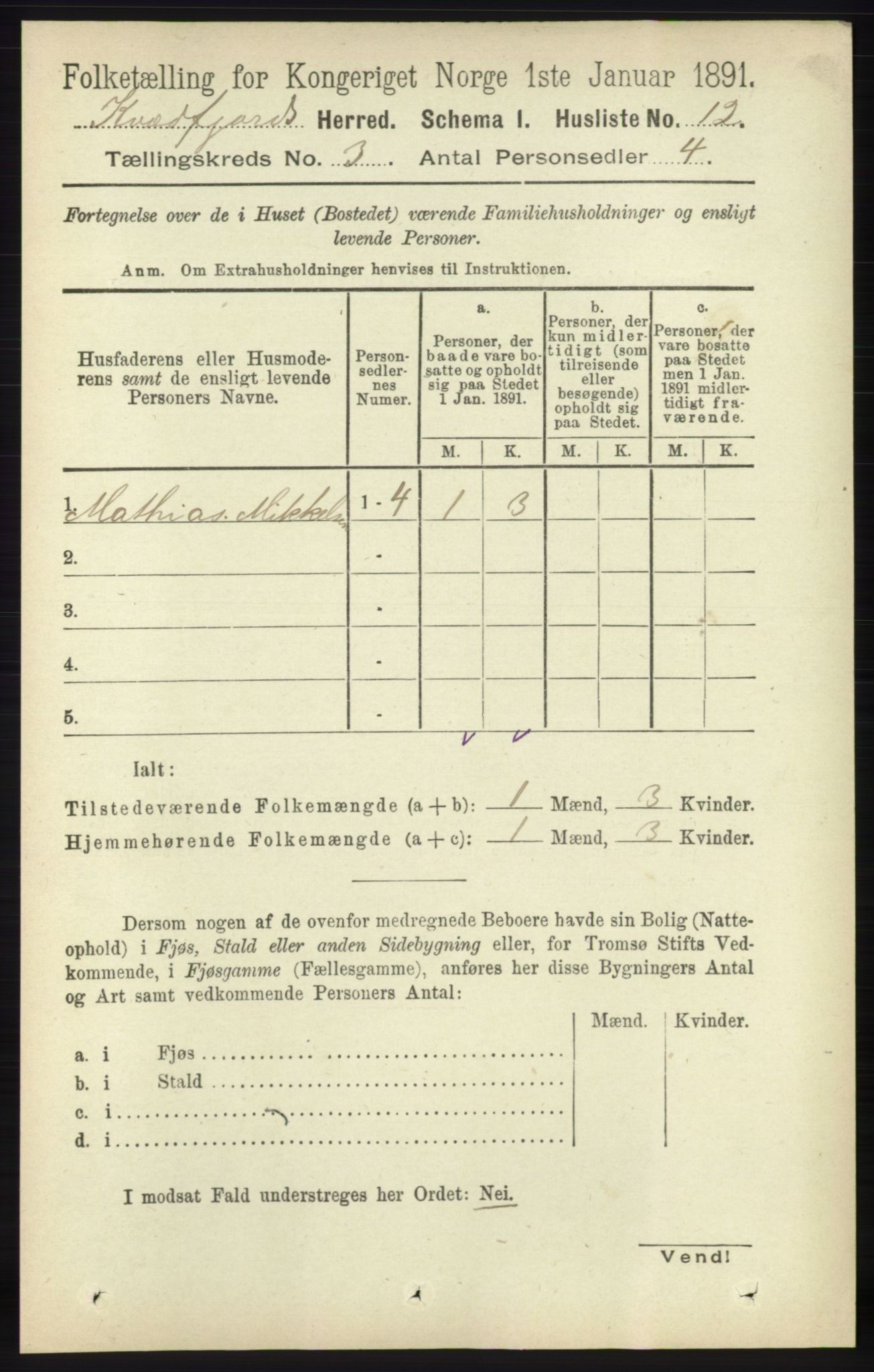 RA, 1891 census for 1911 Kvæfjord, 1891, p. 1232