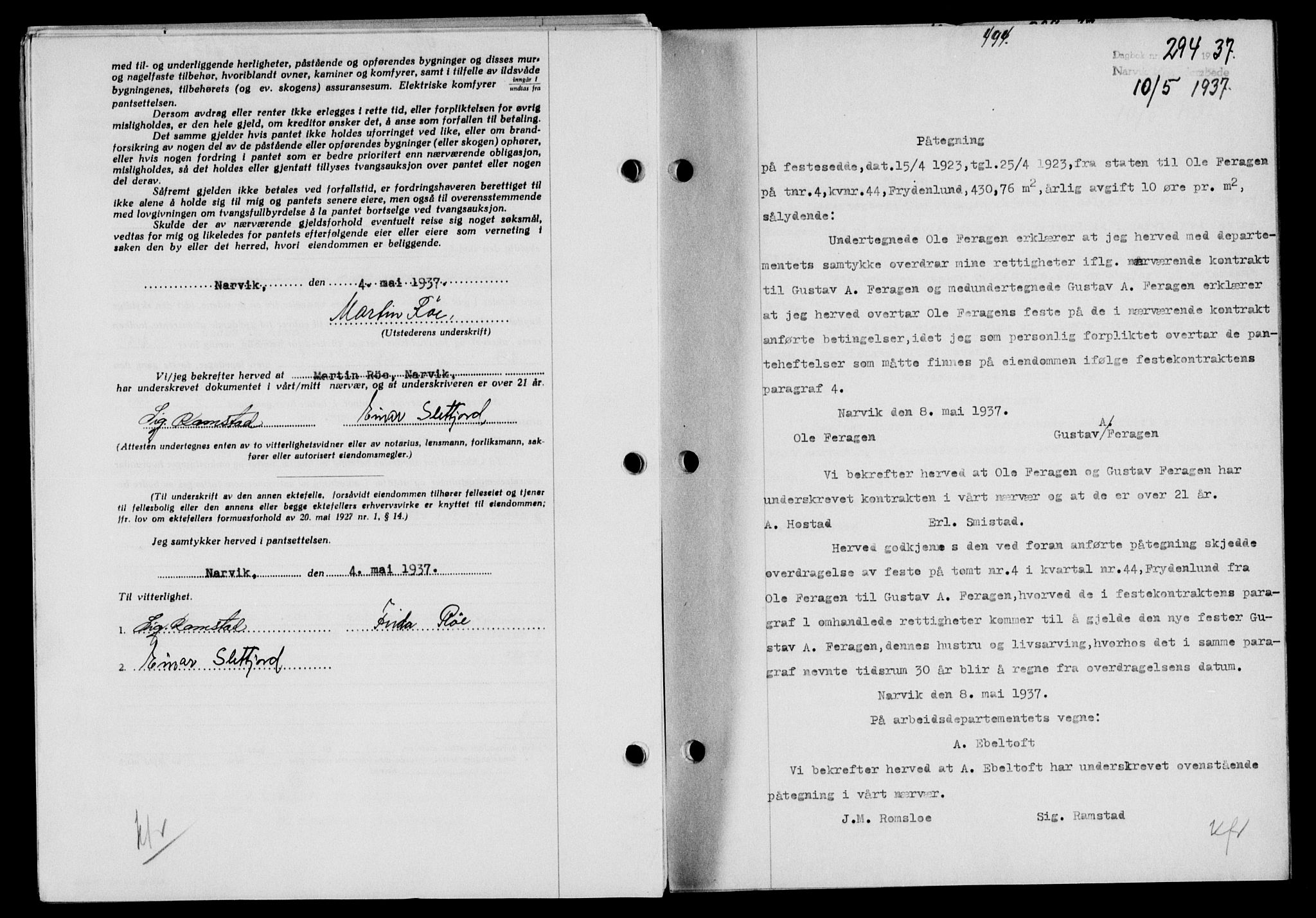 Narvik sorenskriveri, AV/SAT-A-0002/1/2/2C/2Ca/L0011: Mortgage book no. 14, 1935-1937, Deed date: 10.05.1937