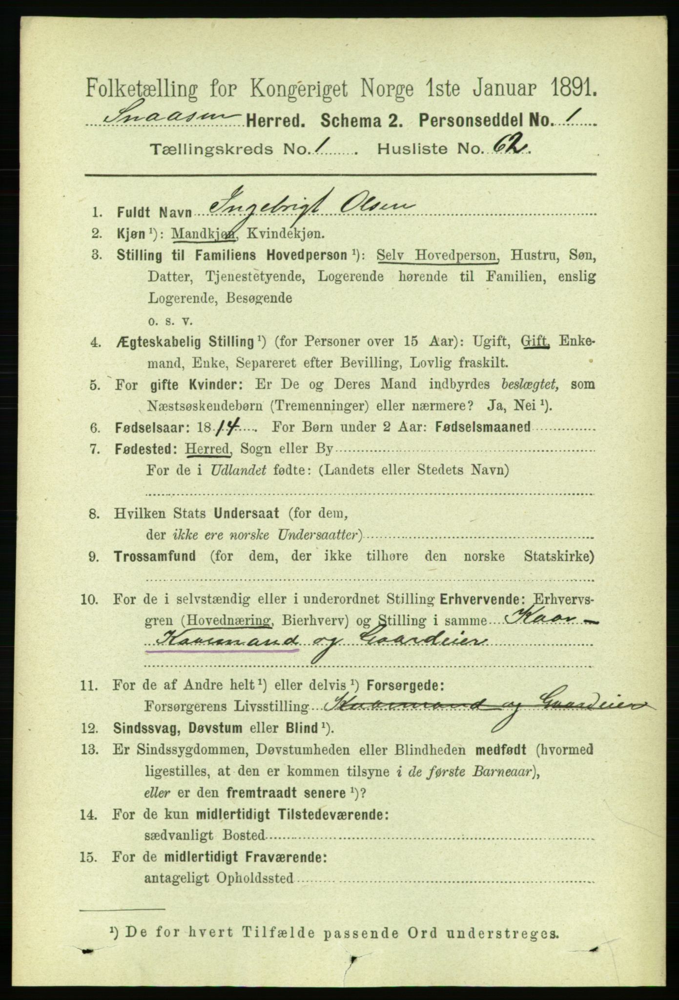 RA, 1891 census for 1736 Snåsa, 1891, p. 406