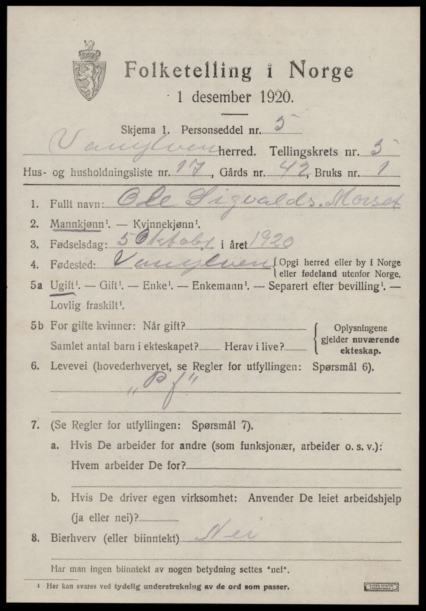 SAT, 1920 census for Vanylven, 1920, p. 3045