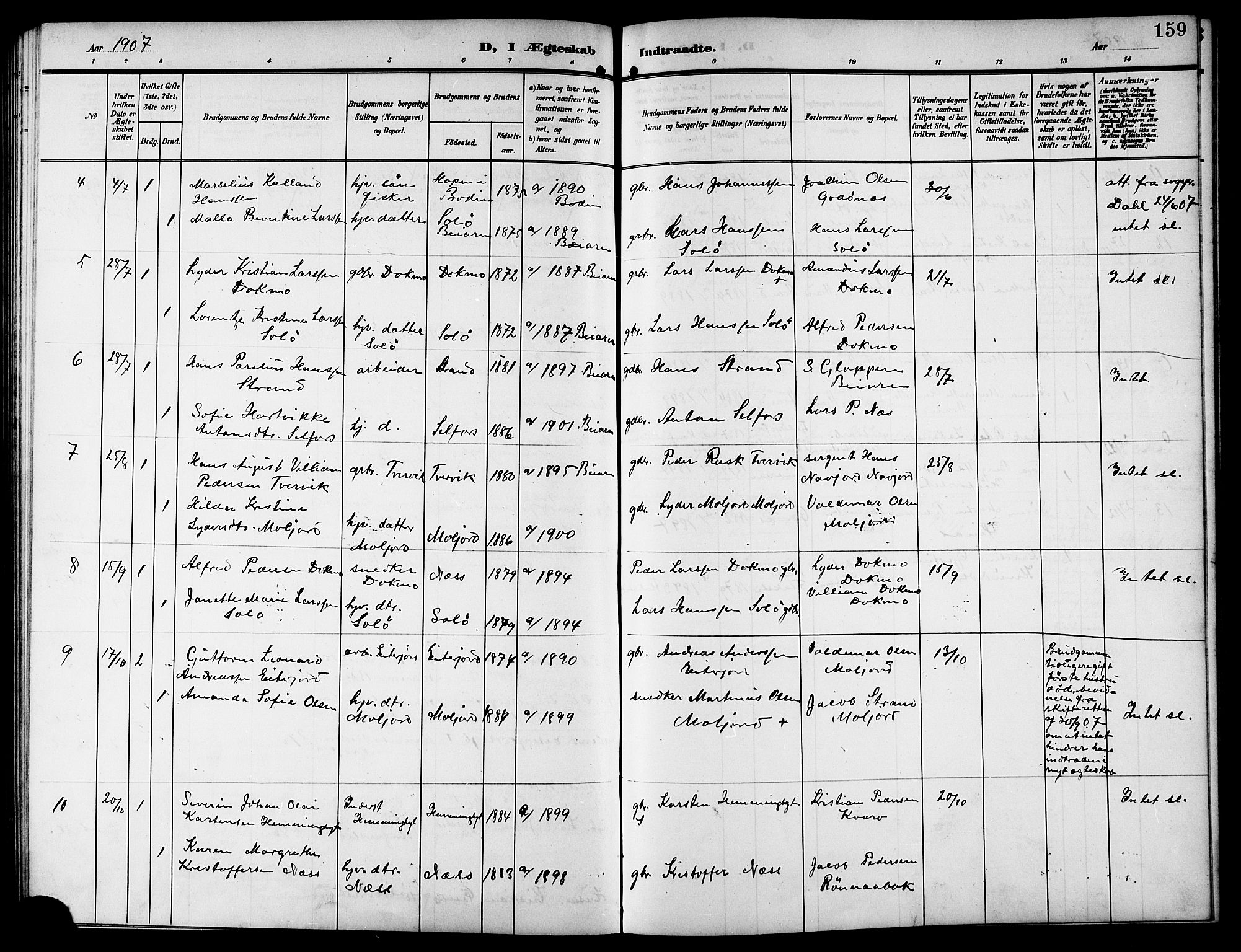 Ministerialprotokoller, klokkerbøker og fødselsregistre - Nordland, AV/SAT-A-1459/846/L0655: Parish register (copy) no. 846C05, 1902-1916, p. 159