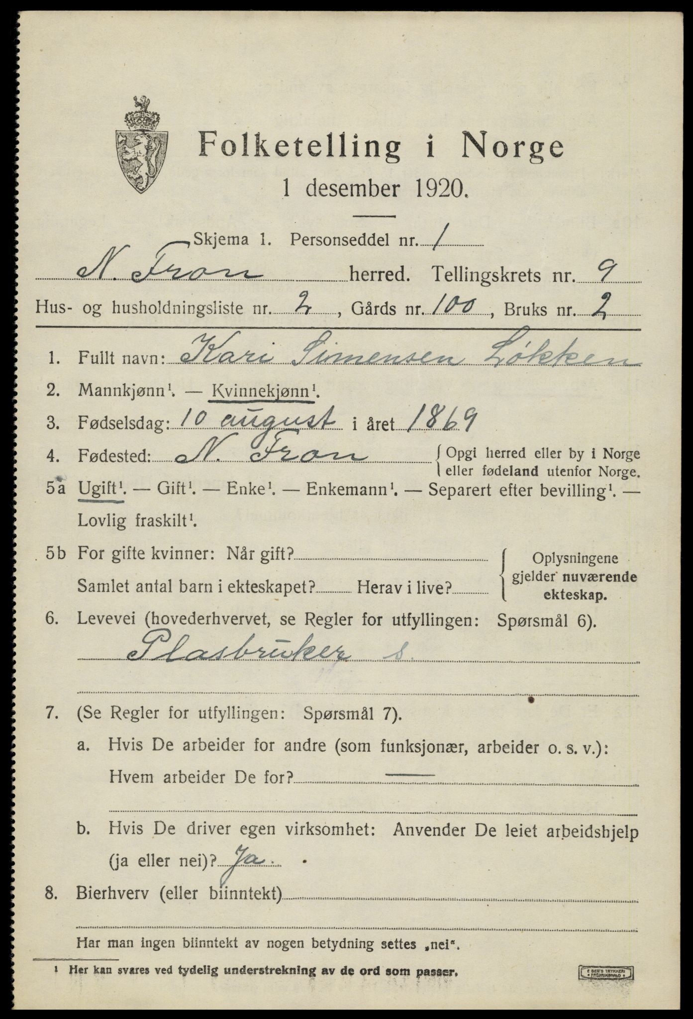 SAH, 1920 census for Nord-Fron, 1920, p. 7488