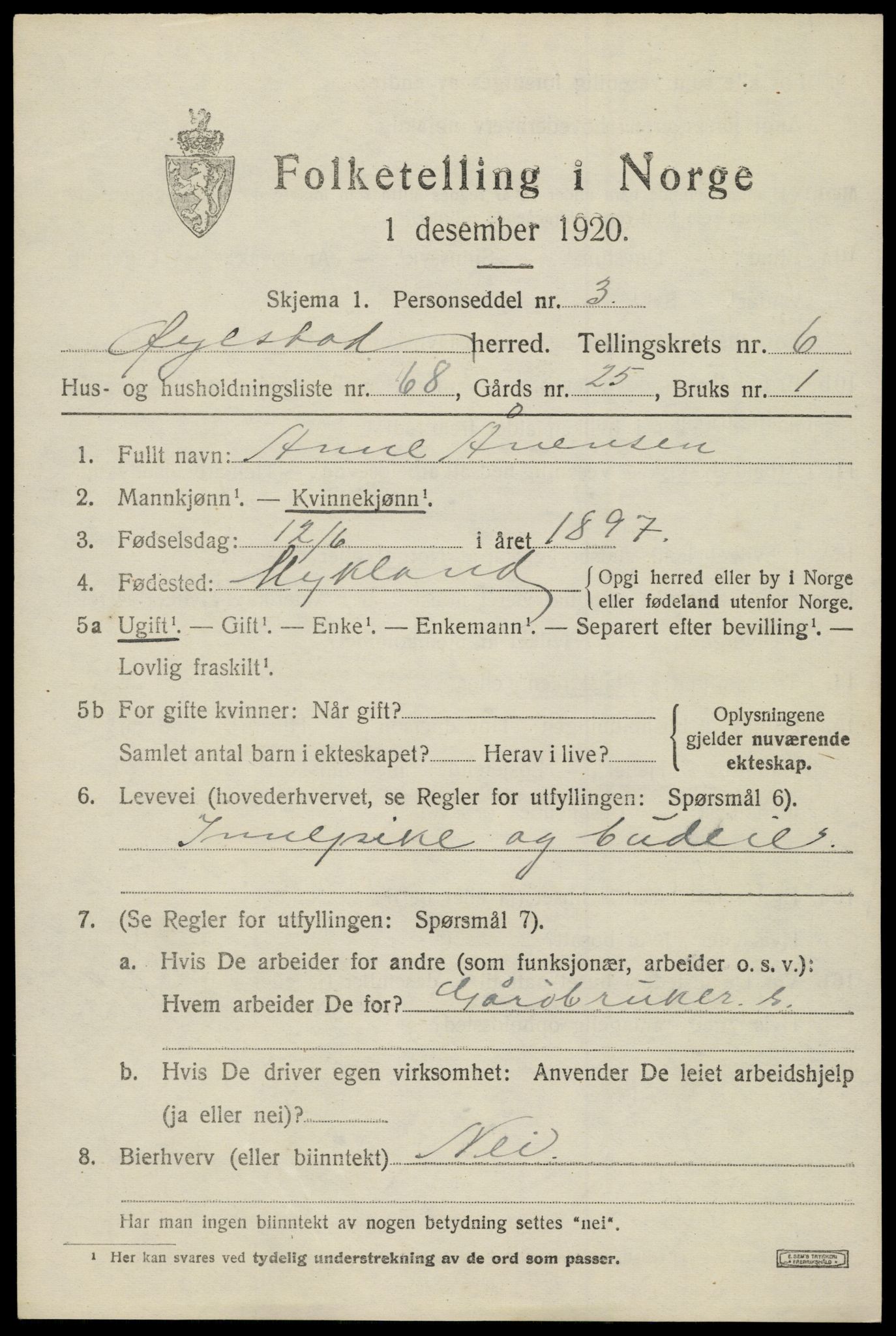 SAK, 1920 census for Øyestad, 1920, p. 4854