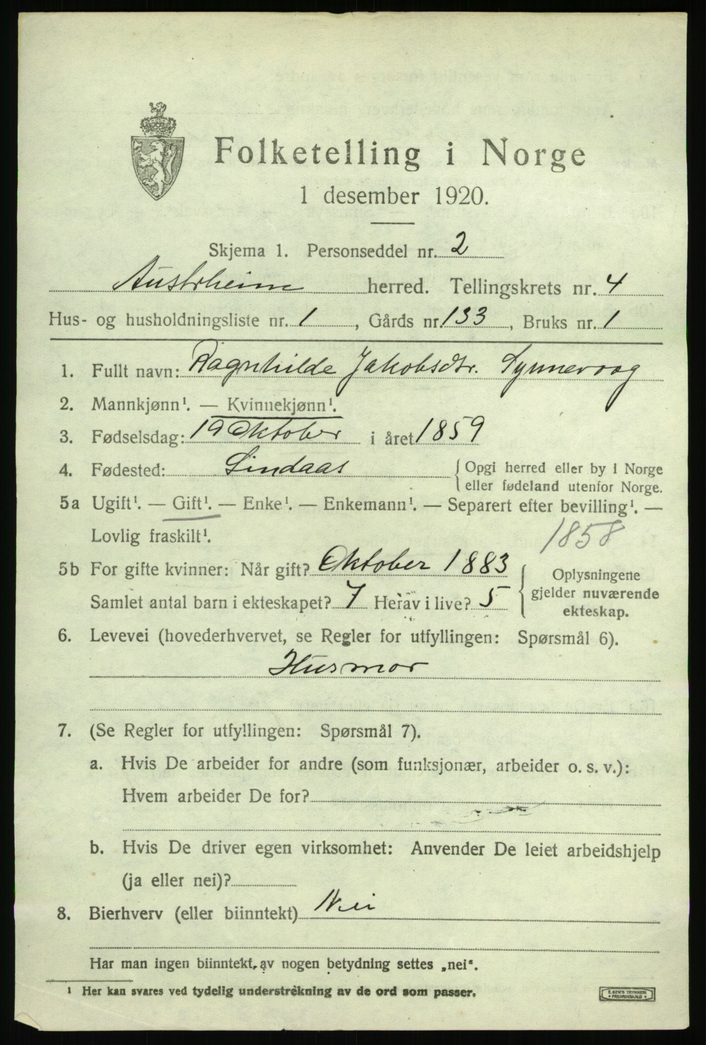 SAB, 1920 census for Austrheim, 1920, p. 1772