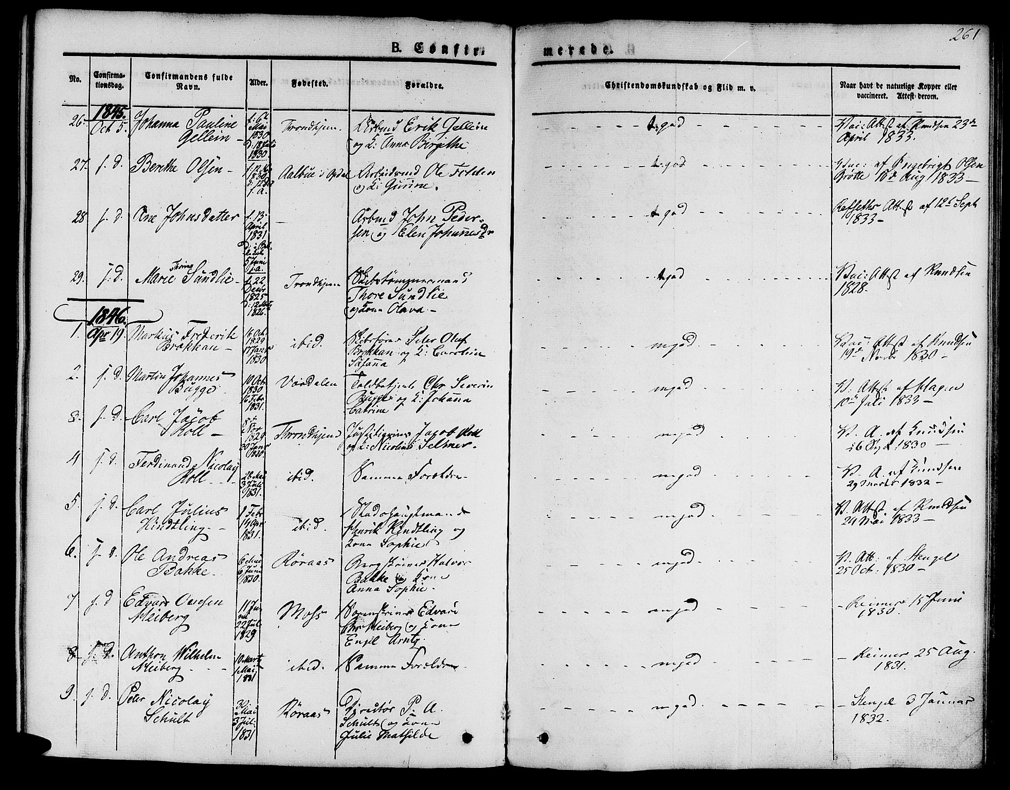 Ministerialprotokoller, klokkerbøker og fødselsregistre - Sør-Trøndelag, SAT/A-1456/601/L0048: Parish register (official) no. 601A16, 1840-1847, p. 261
