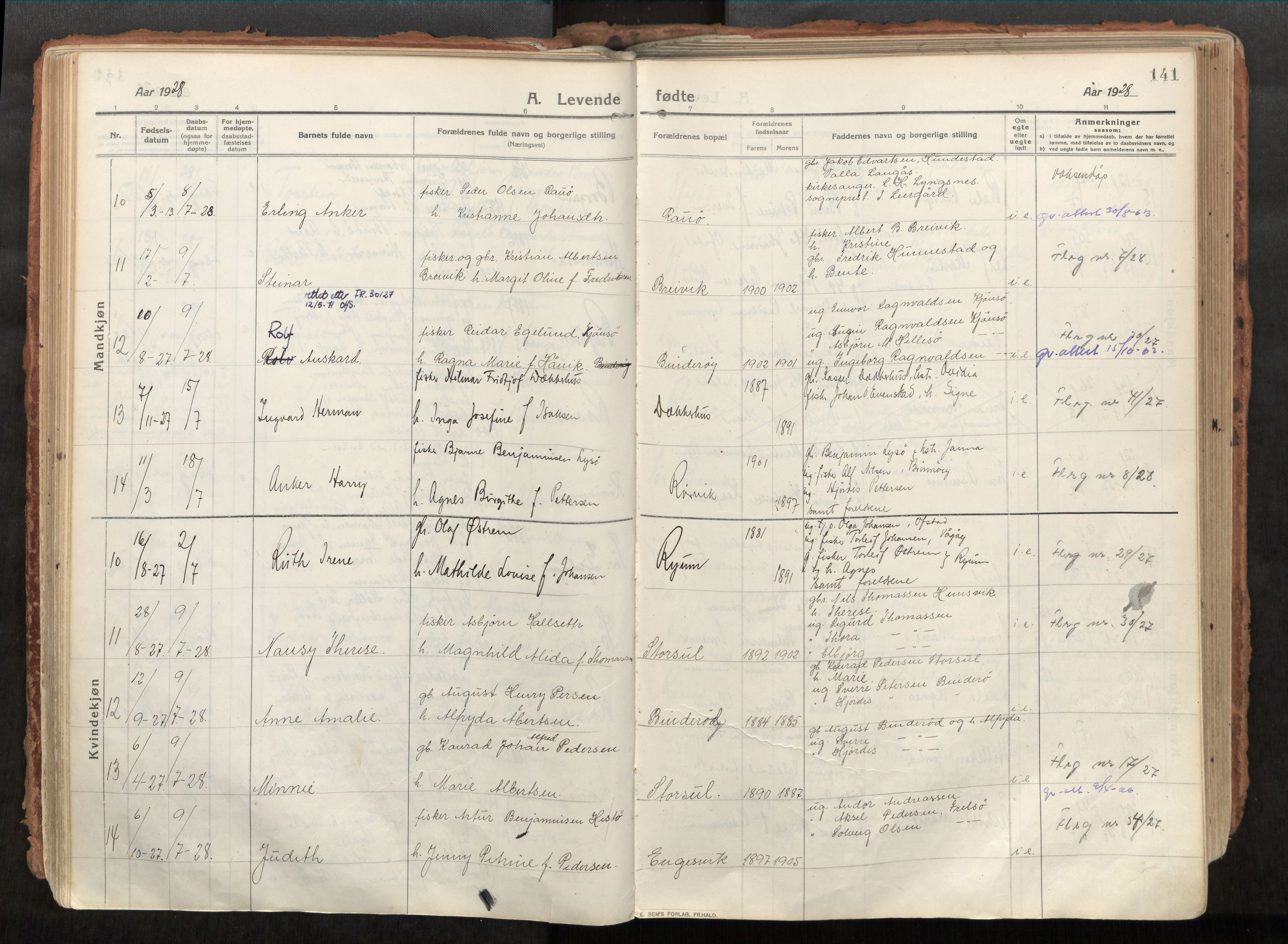 Vikna sokneprestkontor, AV/SAT-A-1173/1/I/I1/I1a/L0001: Parish register (official) no. 1, 1913-1934, p. 141