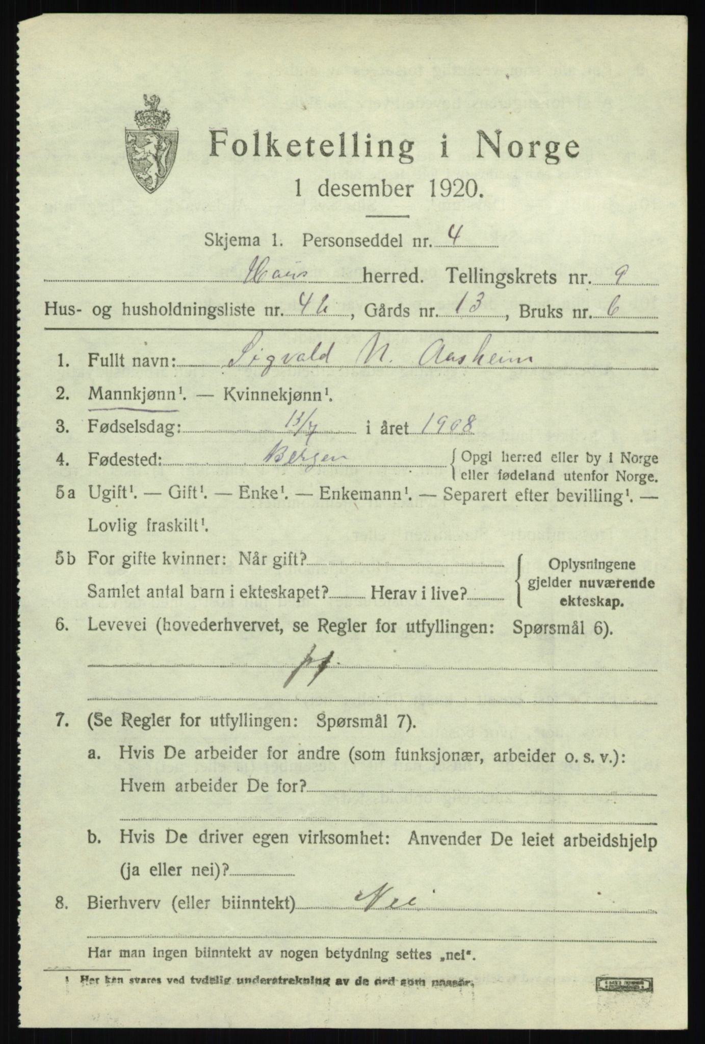 SAB, 1920 census for Haus, 1920, p. 6133