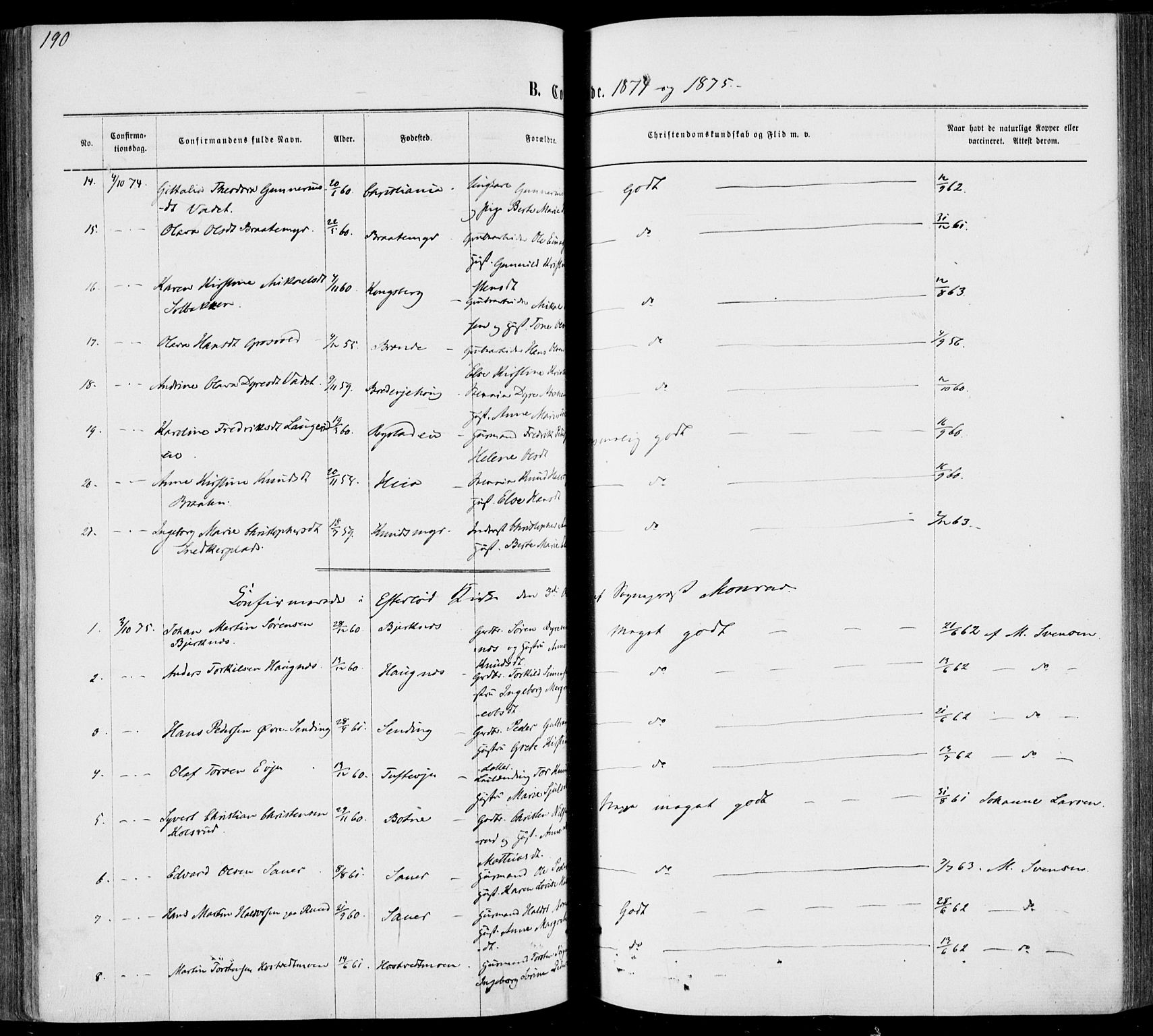 Sandsvær kirkebøker, AV/SAKO-A-244/F/Fa/L0007: Parish register (official) no. I 7, 1869-1877, p. 190