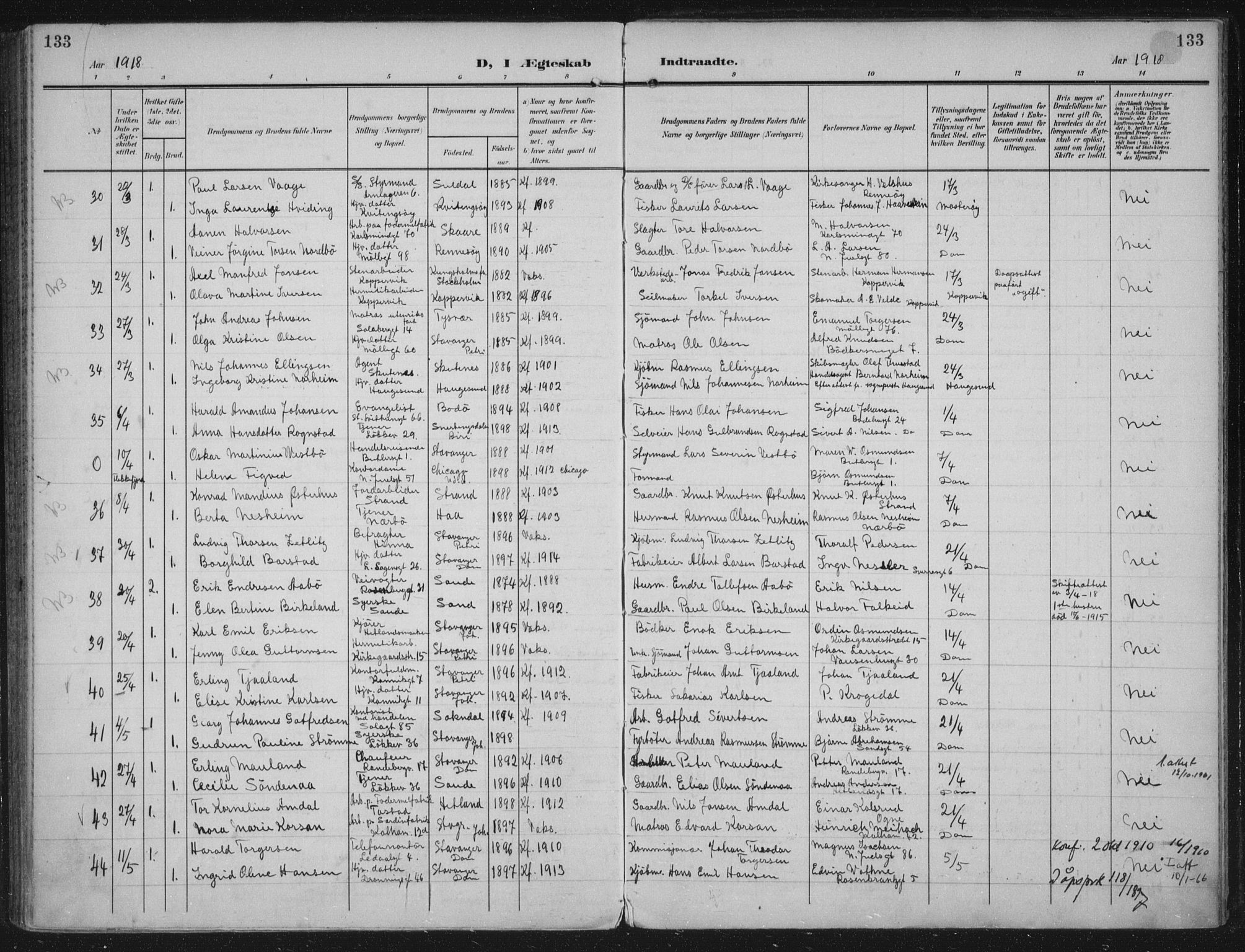 Domkirken sokneprestkontor, AV/SAST-A-101812/002/A/L0016: Parish register (official) no. A 33, 1905-1922, p. 133