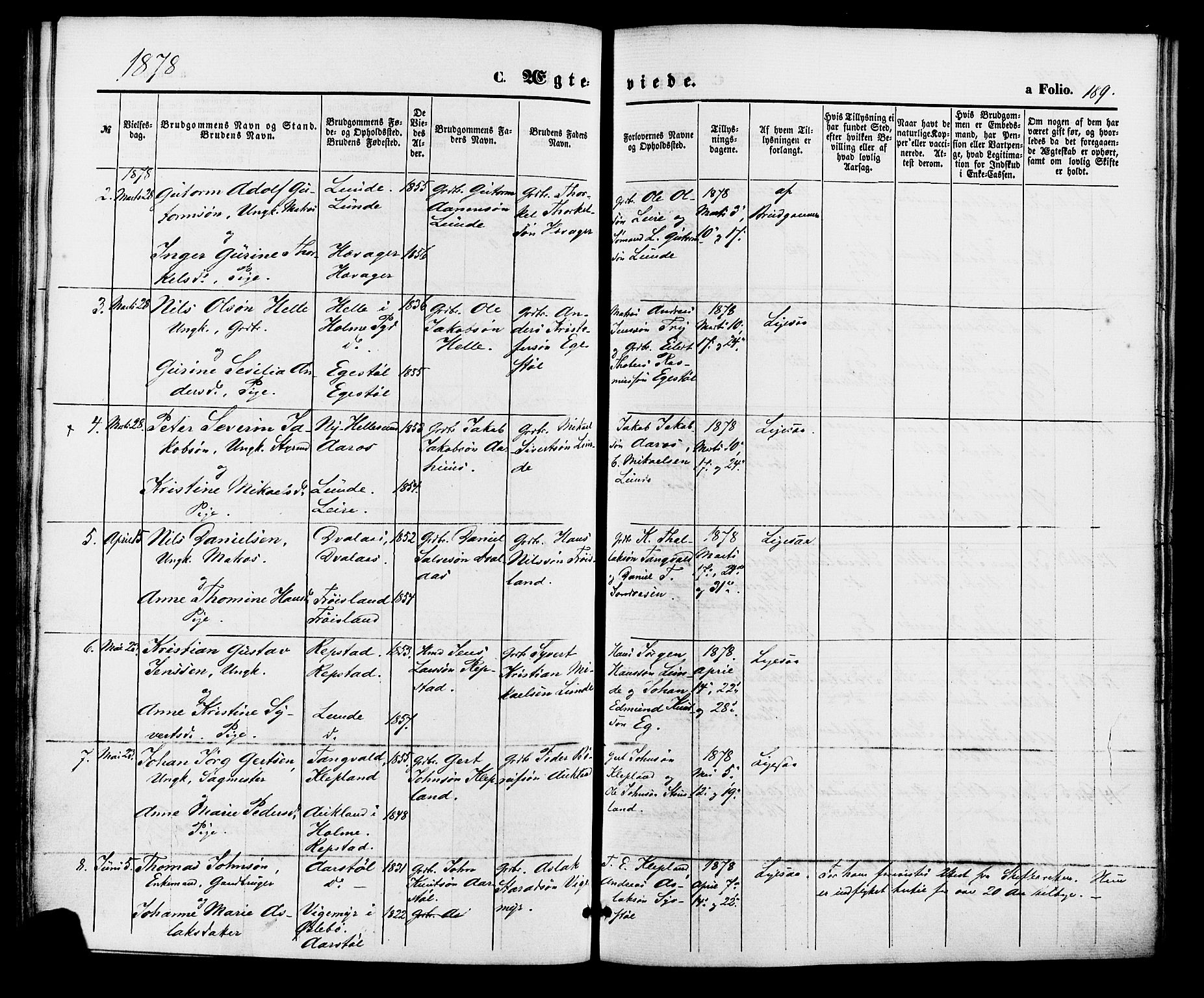 Søgne sokneprestkontor, SAK/1111-0037/F/Fa/Fab/L0011: Parish register (official) no. A 11, 1869-1879, p. 189