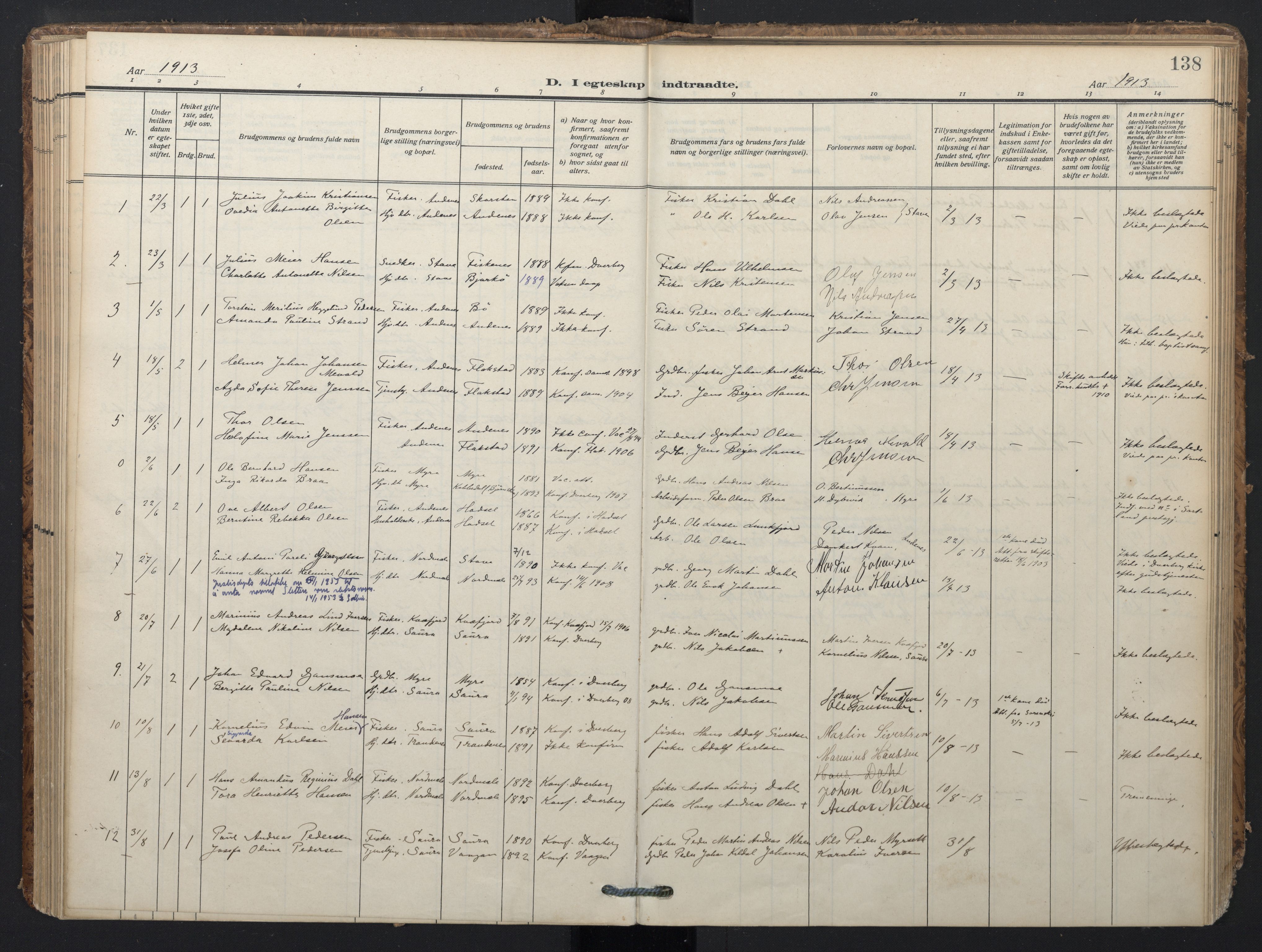 Ministerialprotokoller, klokkerbøker og fødselsregistre - Nordland, SAT/A-1459/897/L1401: Parish register (official) no. 897A08, 1909-1921, p. 138