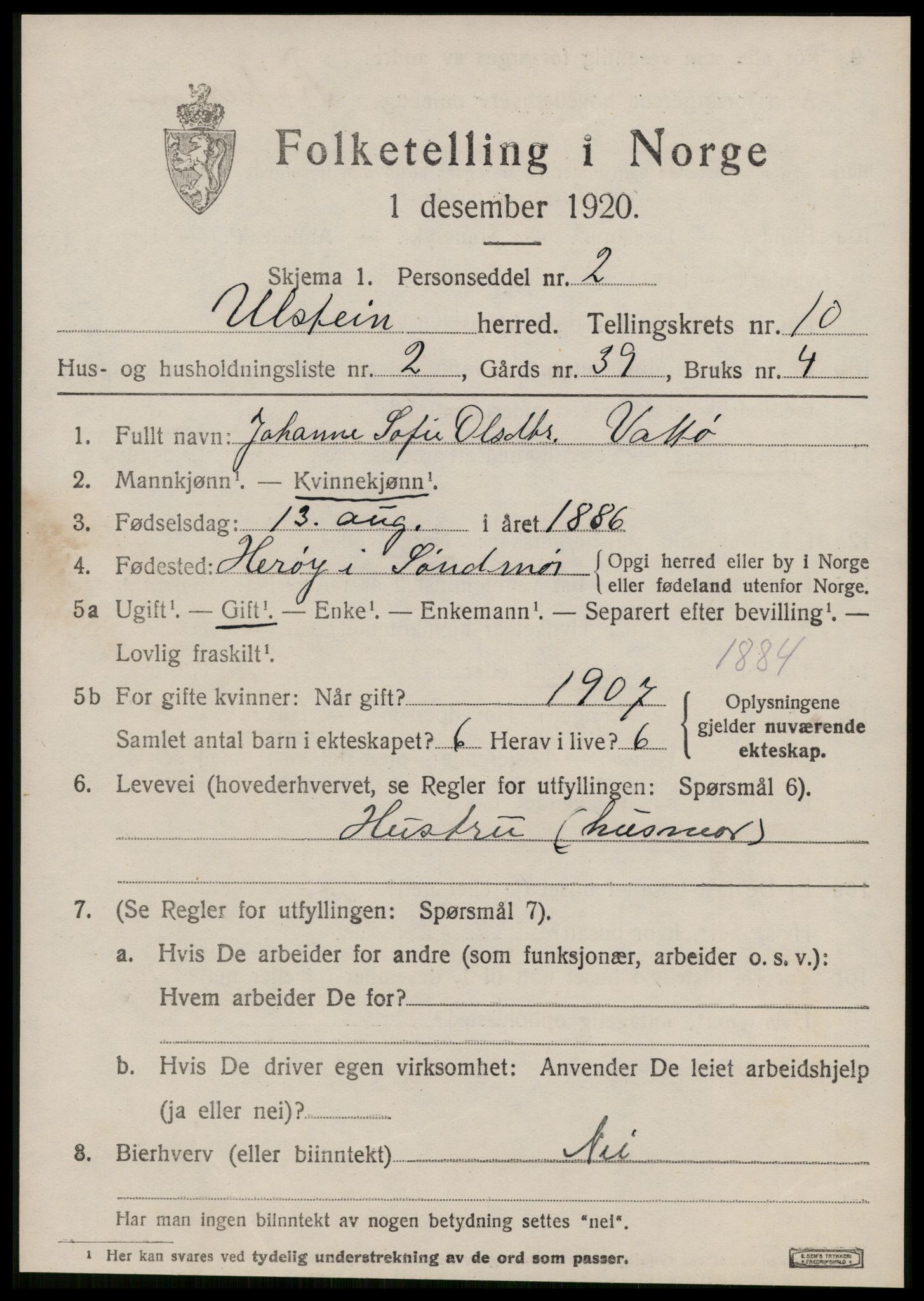 SAT, 1920 census for Ulstein, 1920, p. 5338