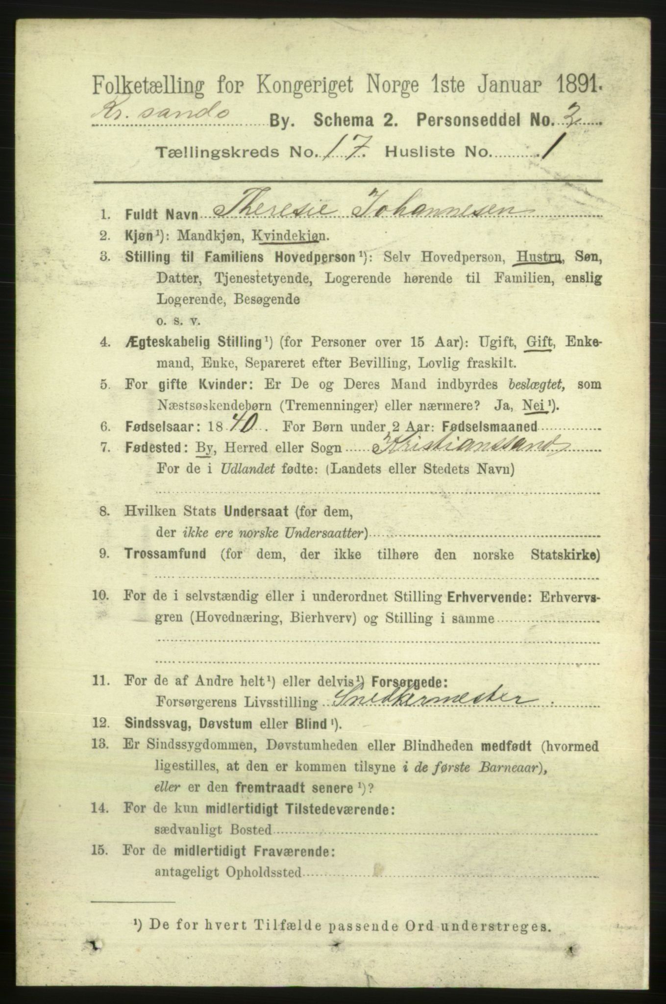 RA, 1891 census for 1001 Kristiansand, 1891, p. 6679