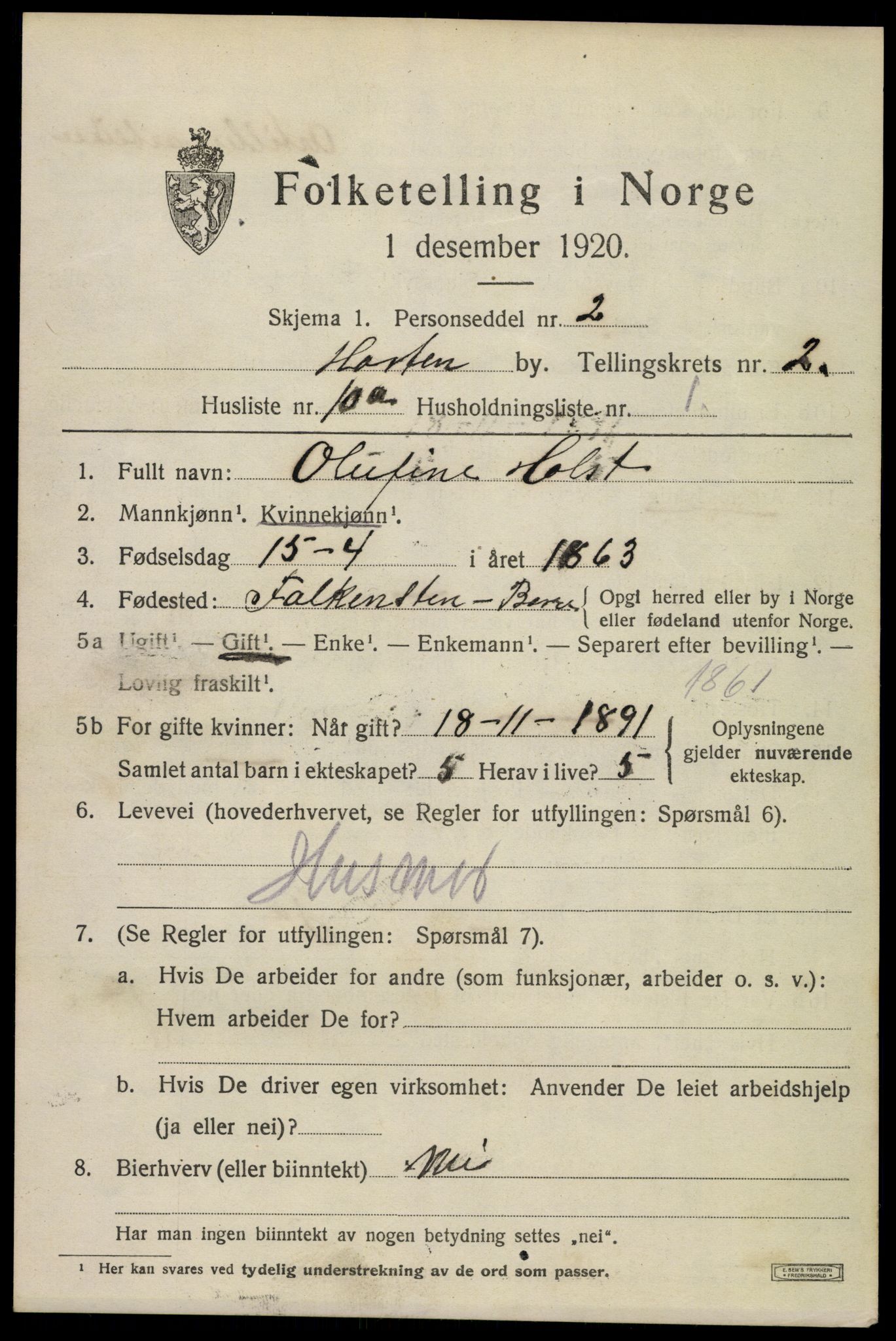 SAKO, 1920 census for Horten, 1920, p. 10315