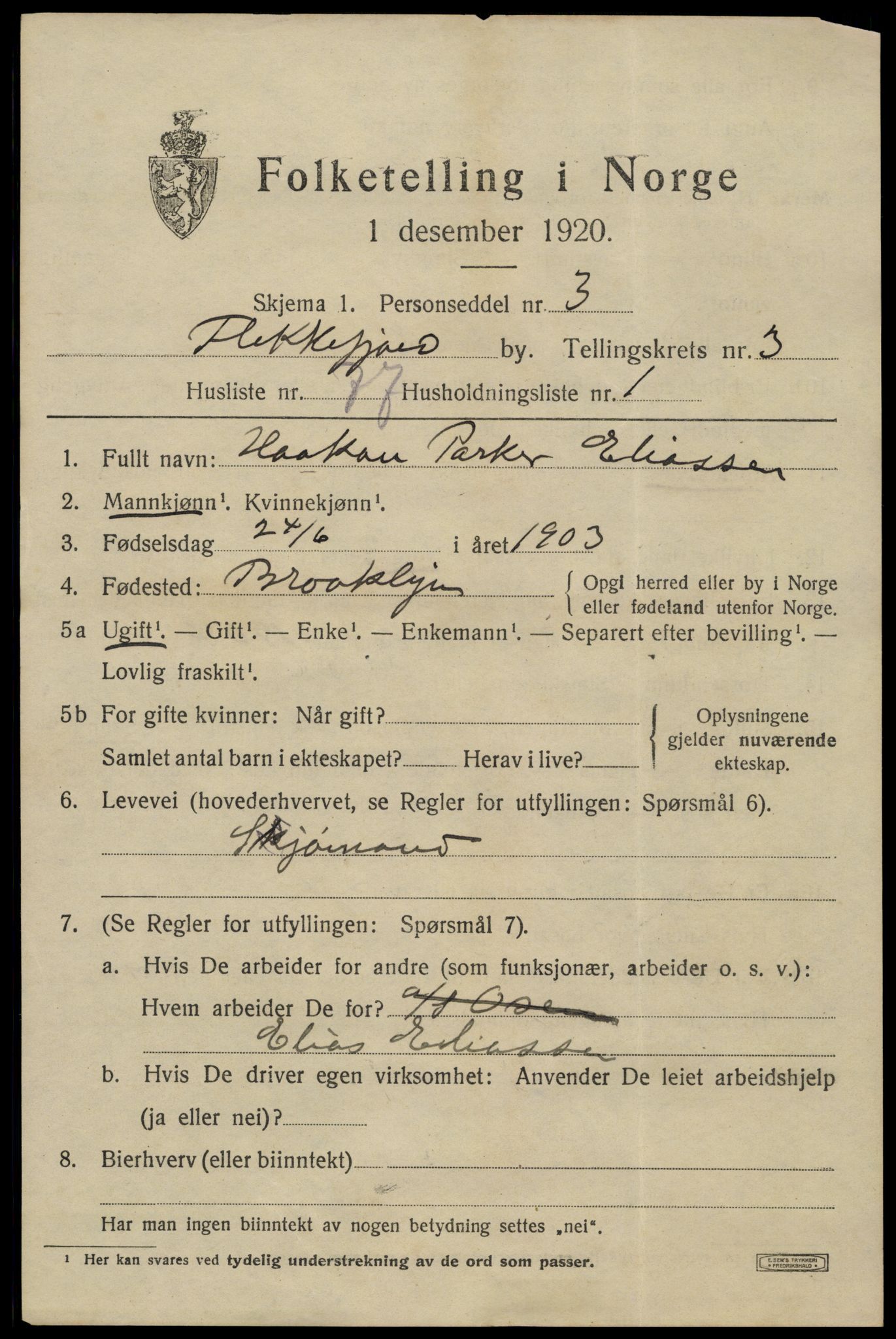 SAK, 1920 census for Flekkefjord, 1920, p. 4418