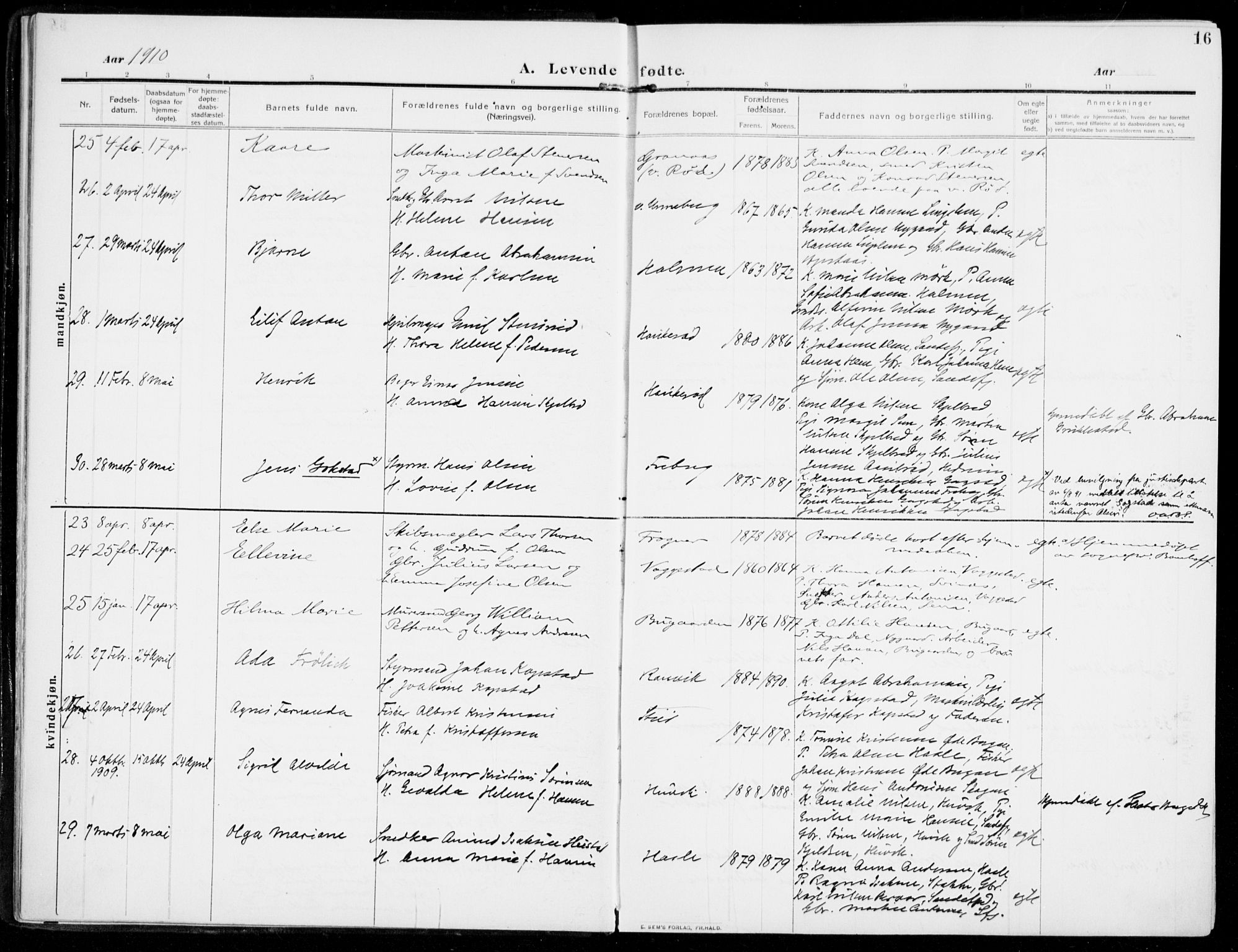 Sandar kirkebøker, AV/SAKO-A-243/F/Fa/L0016: Parish register (official) no. 16, 1909-1919, p. 16