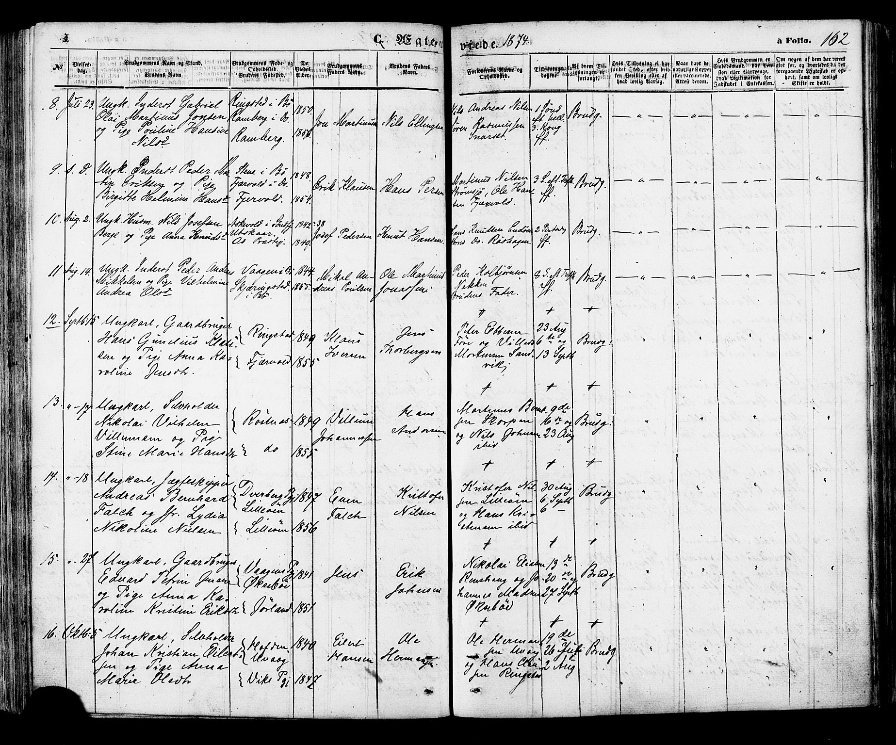 Ministerialprotokoller, klokkerbøker og fødselsregistre - Nordland, SAT/A-1459/891/L1301: Parish register (official) no. 891A06, 1870-1878, p. 162