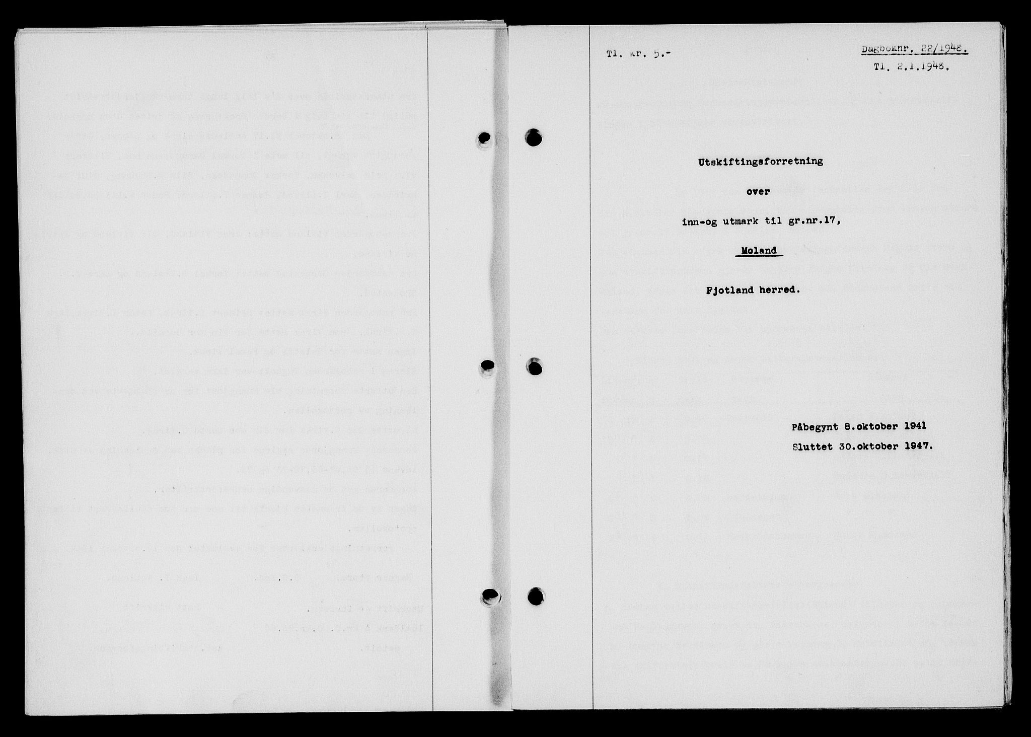 Flekkefjord sorenskriveri, AV/SAK-1221-0001/G/Gb/Gba/L0063: Mortgage book no. A-11, 1947-1948, Diary no: : 22/1948