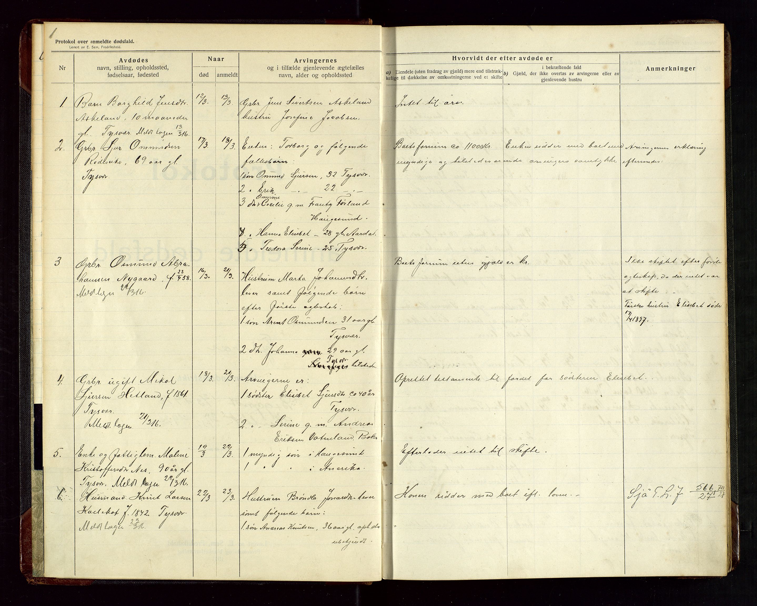 Tysvær lensmannskontor, AV/SAST-A-100192/Gga/L0003: "Protokol over anmeldte dødsfald i Tysvær" med register, 1916-1926, p. 1