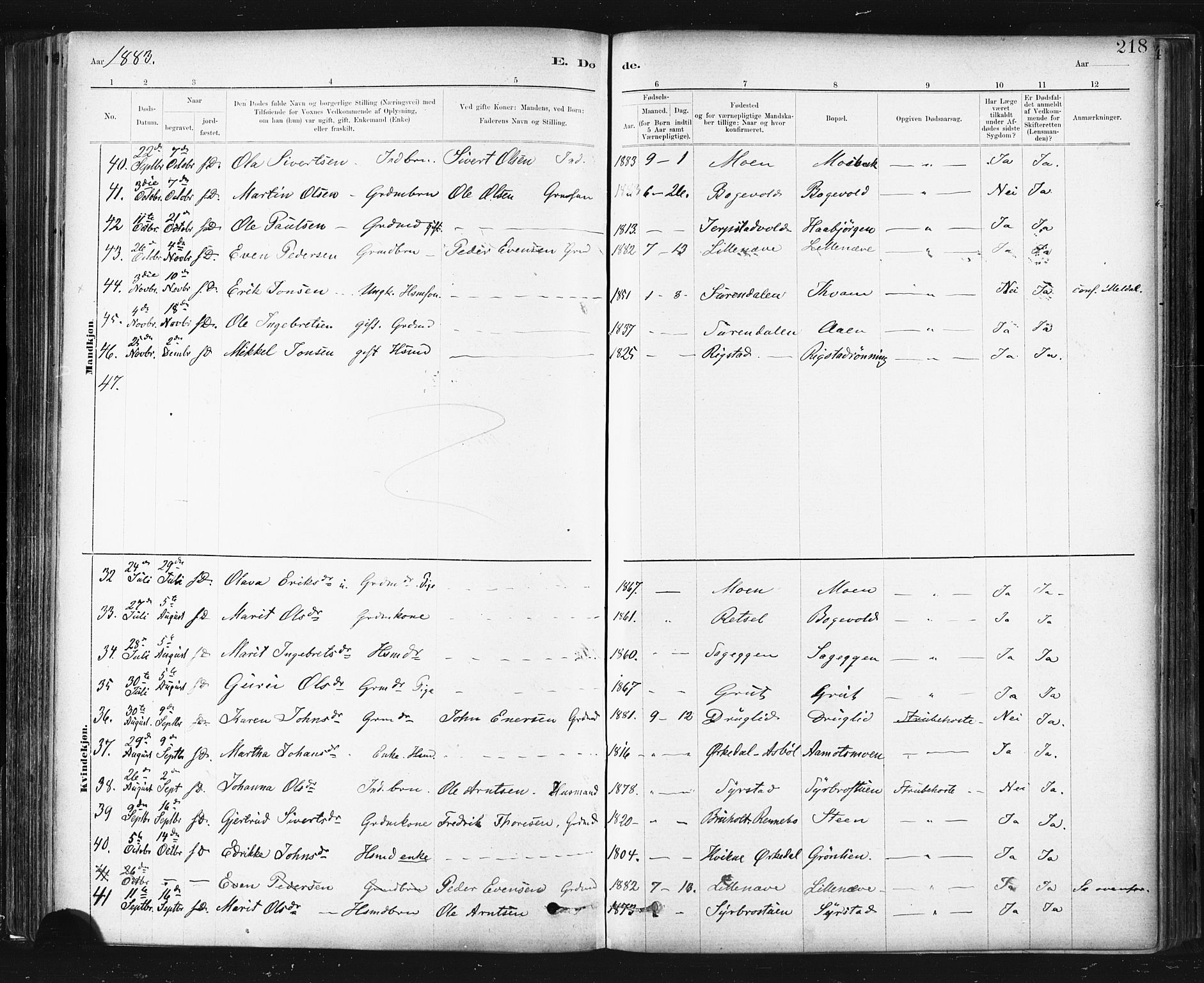 Ministerialprotokoller, klokkerbøker og fødselsregistre - Sør-Trøndelag, SAT/A-1456/672/L0857: Parish register (official) no. 672A09, 1882-1893, p. 218
