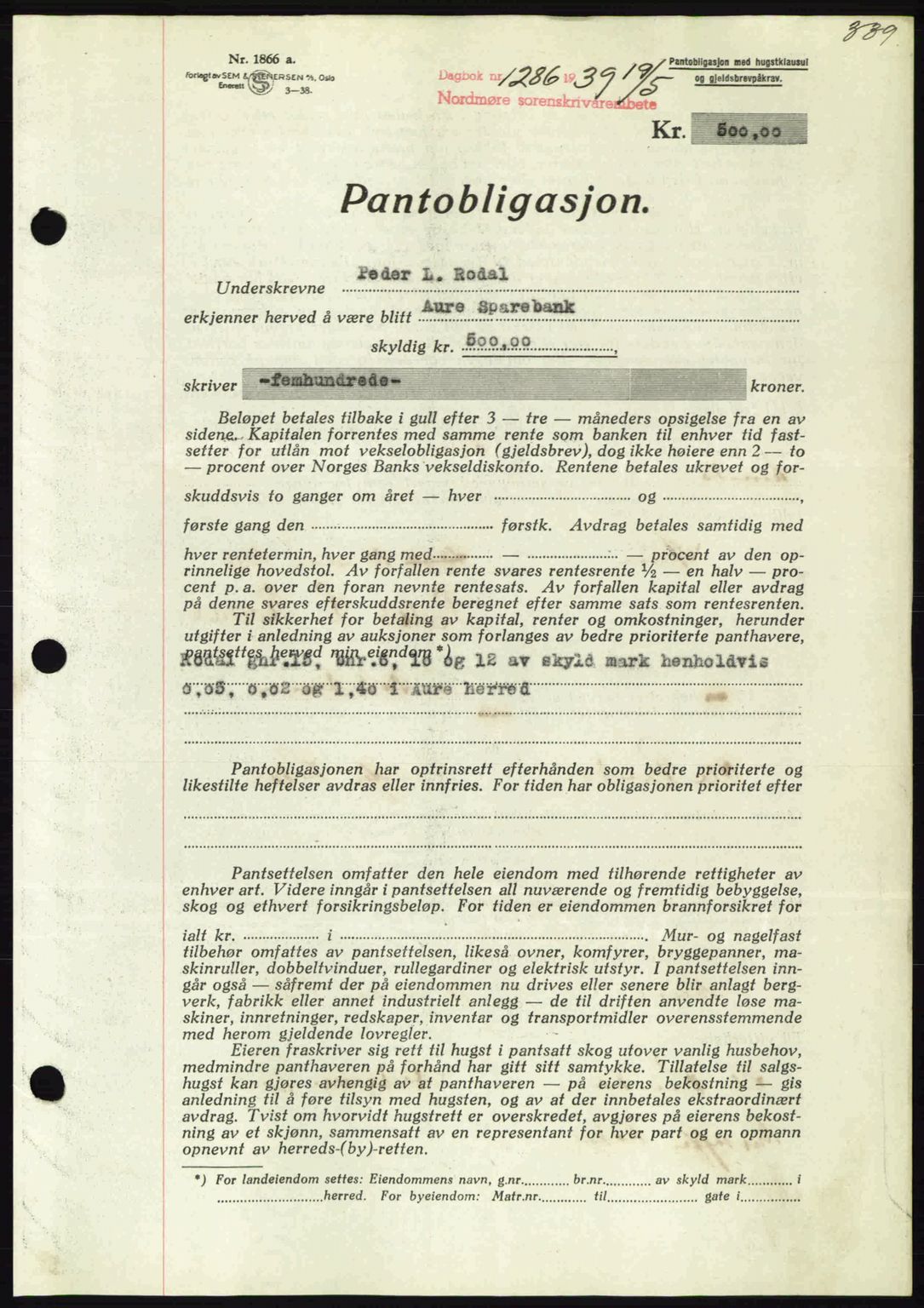 Nordmøre sorenskriveri, AV/SAT-A-4132/1/2/2Ca: Mortgage book no. B85, 1939-1939, Diary no: : 1286/1939