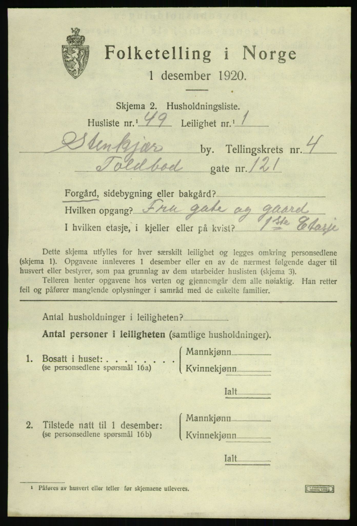 SAT, 1920 census for Steinkjer, 1920, p. 998