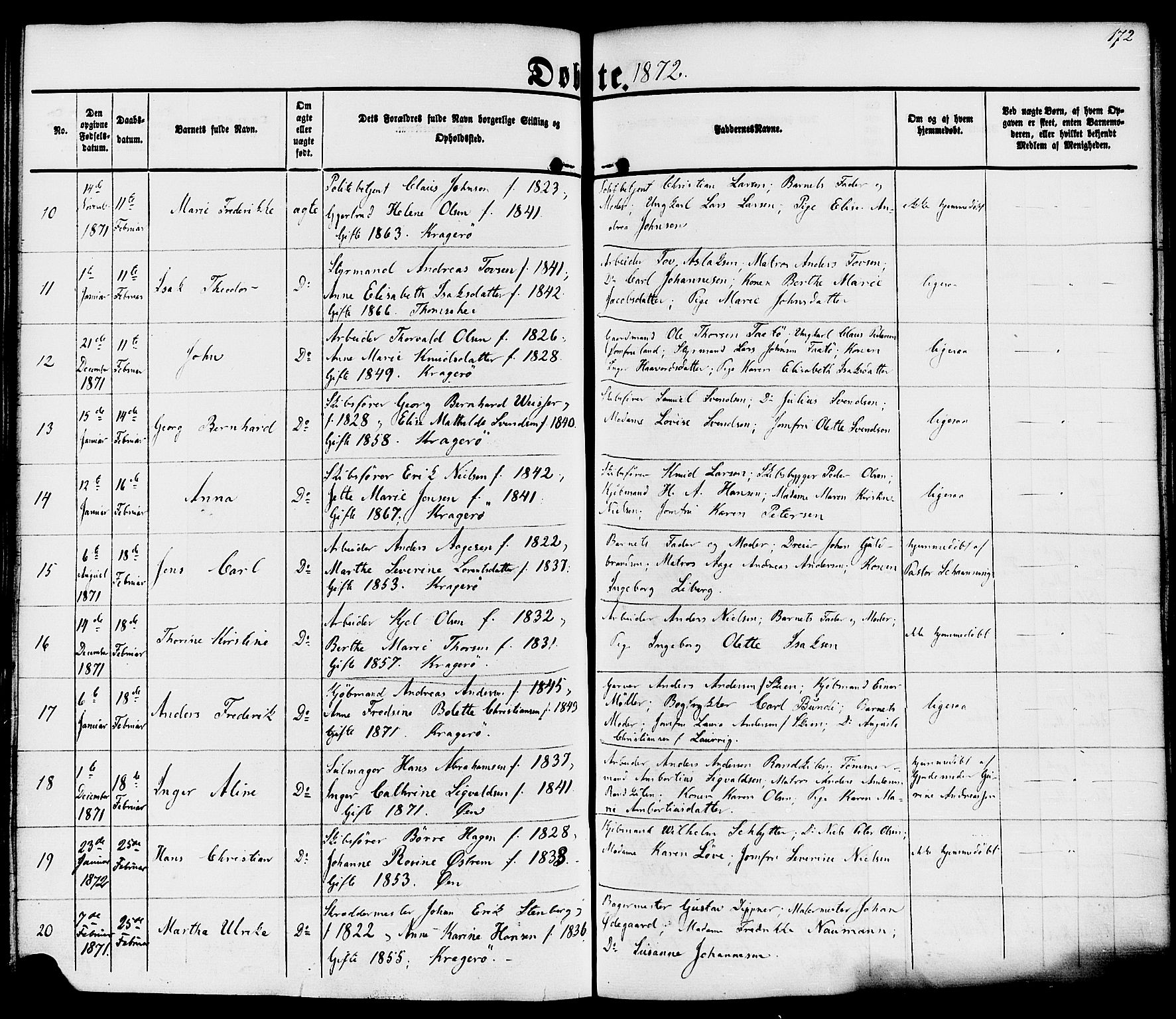 Kragerø kirkebøker, SAKO/A-278/F/Fa/L0007: Parish register (official) no. 7, 1861-1875, p. 172